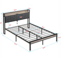 Full Size Metal Platform Bed Frame With Upholstery Storage Function Headboardand Usb Liner And Footboardno Box Spring Needed, Large Under Bed Storage, Easy Assemble Beige Black Metal & Wood