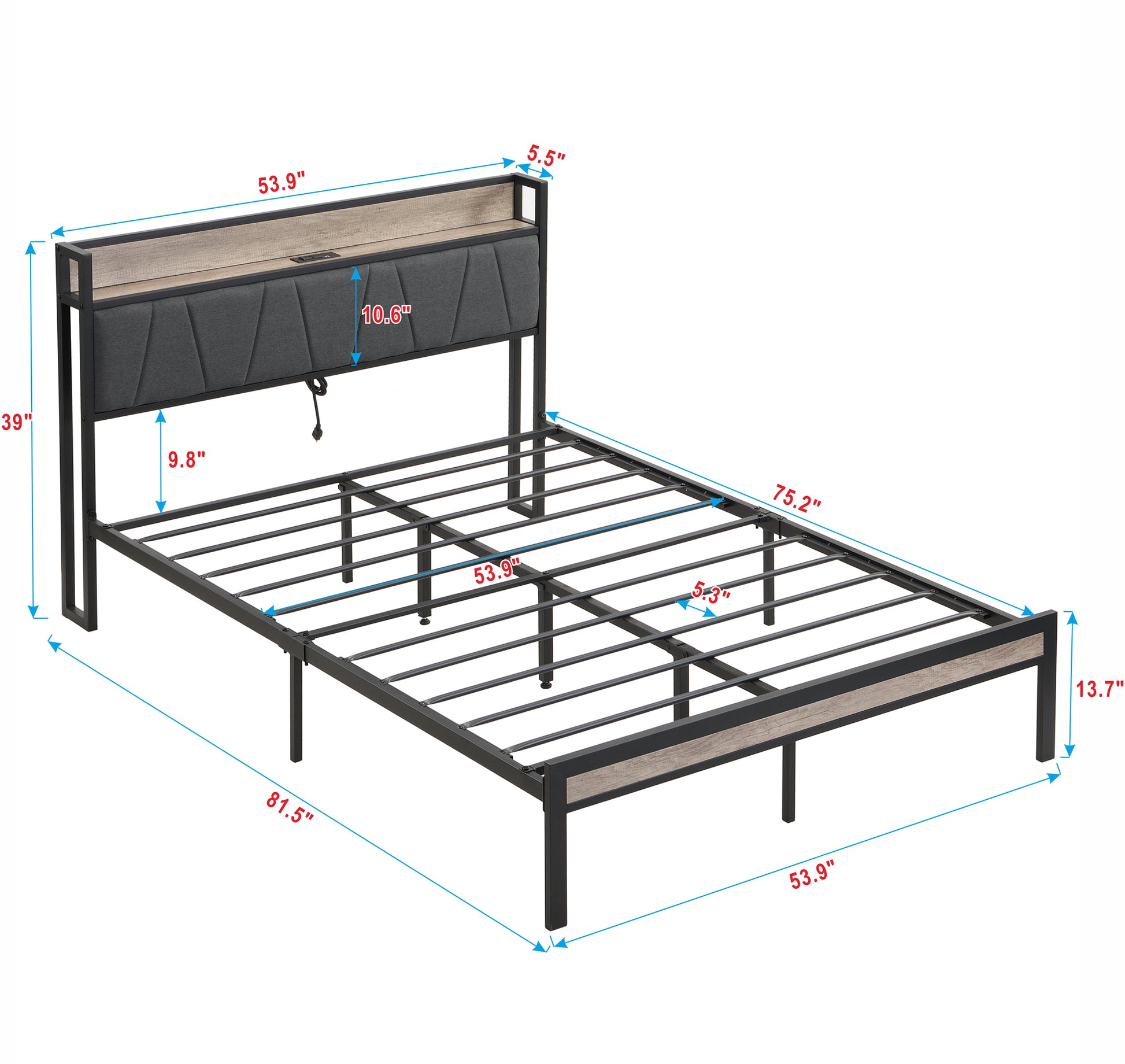 Full Size Metal Platform Bed Frame With Upholstery Storage Function Headboardand Usb Liner And Footboardno Box Spring Needed, Large Under Bed Storage, Easy Assemble Beige Black Metal & Wood