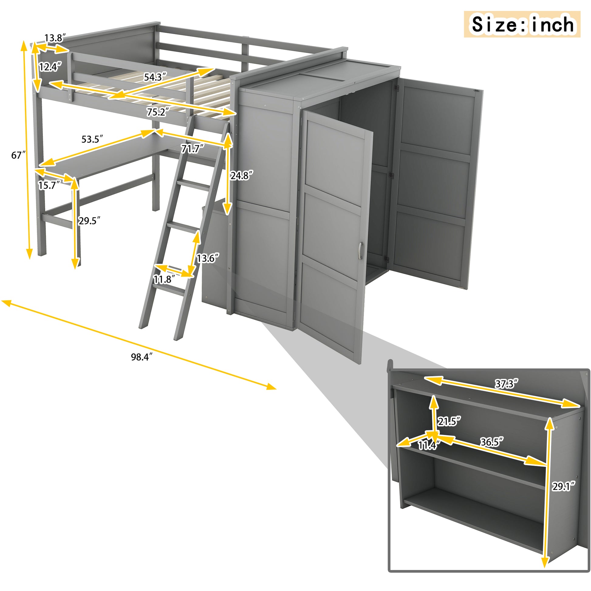 Full Size Loft Bed With Desk, Shelves And Wardrobe Gray Gray Solid Wood