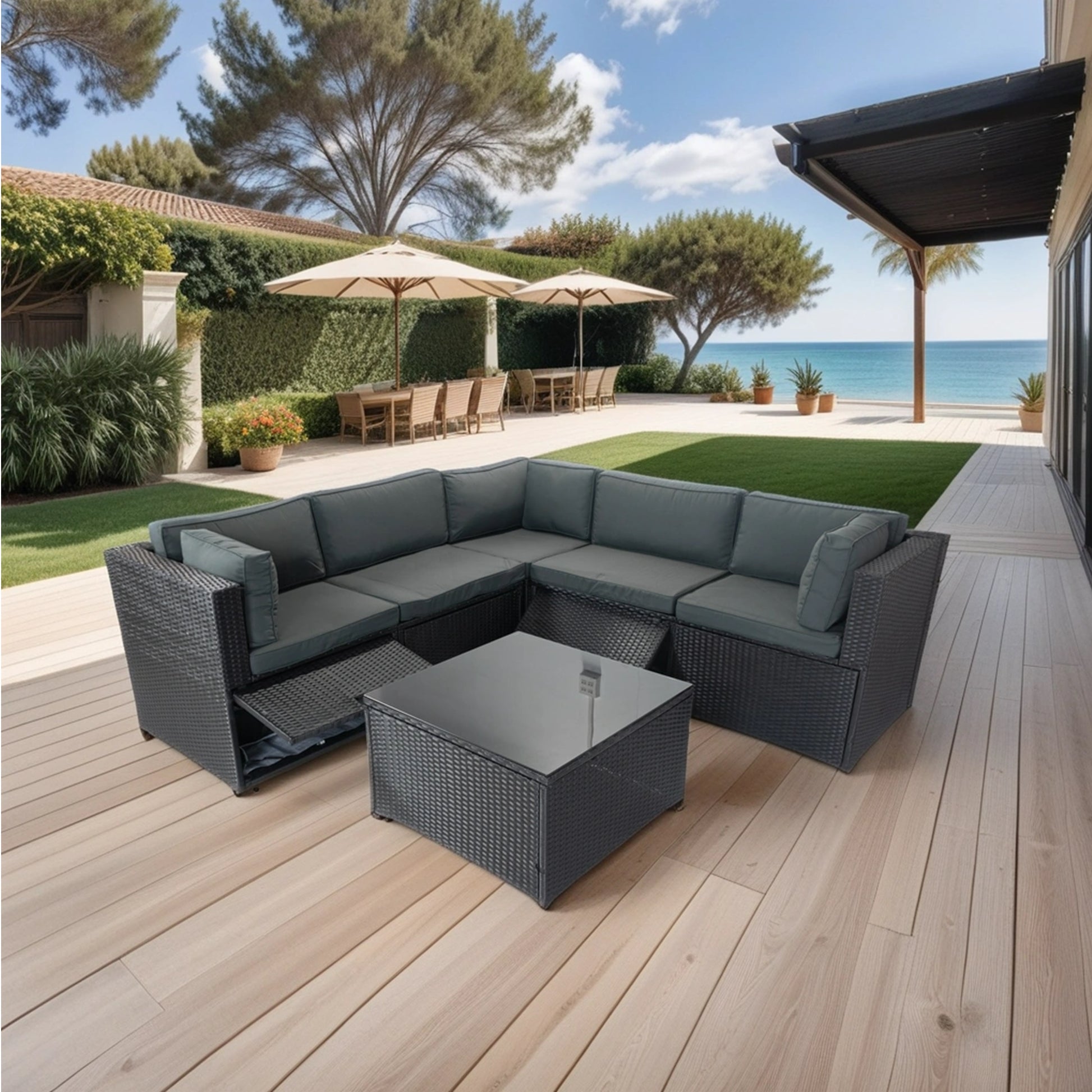 6 Pieces Pe Rattan Sectional Outdoor Furniture Cushioned Sofa Set With 3 Storage Under Seat Black Wicker Dark Grey Cushion Yes Complete Patio Set Black Rust Resistant Frame Mildew Resistant Cushion Garden & Outdoor Modern Complete Patio Sets Fiber Foam