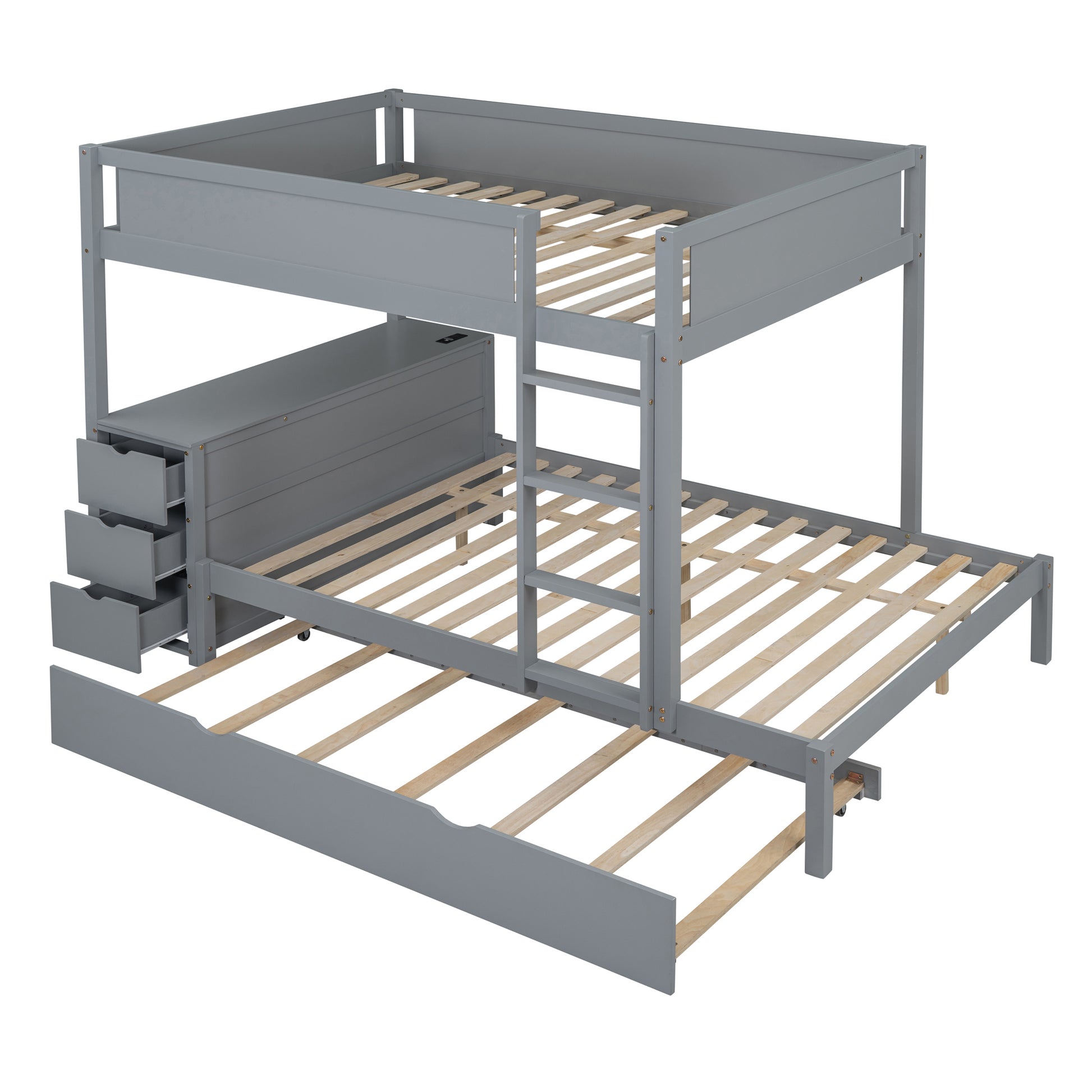 Full Over Full Bunk Bed With Twin Size Trundle, Storage And Desk, Gray Gray Solid Wood