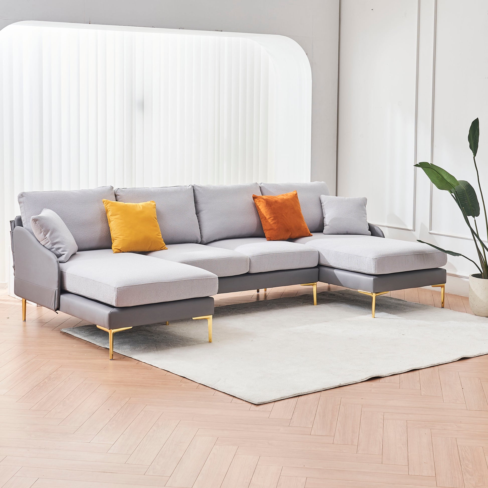 Modern Large Area Linen Leathaire Fabric Color Matching Segmented Sofa, Ultra Wide Lounge Chair, Golden Legs, U Shaped, Double Grey Color Grey Primary Living Space Wood