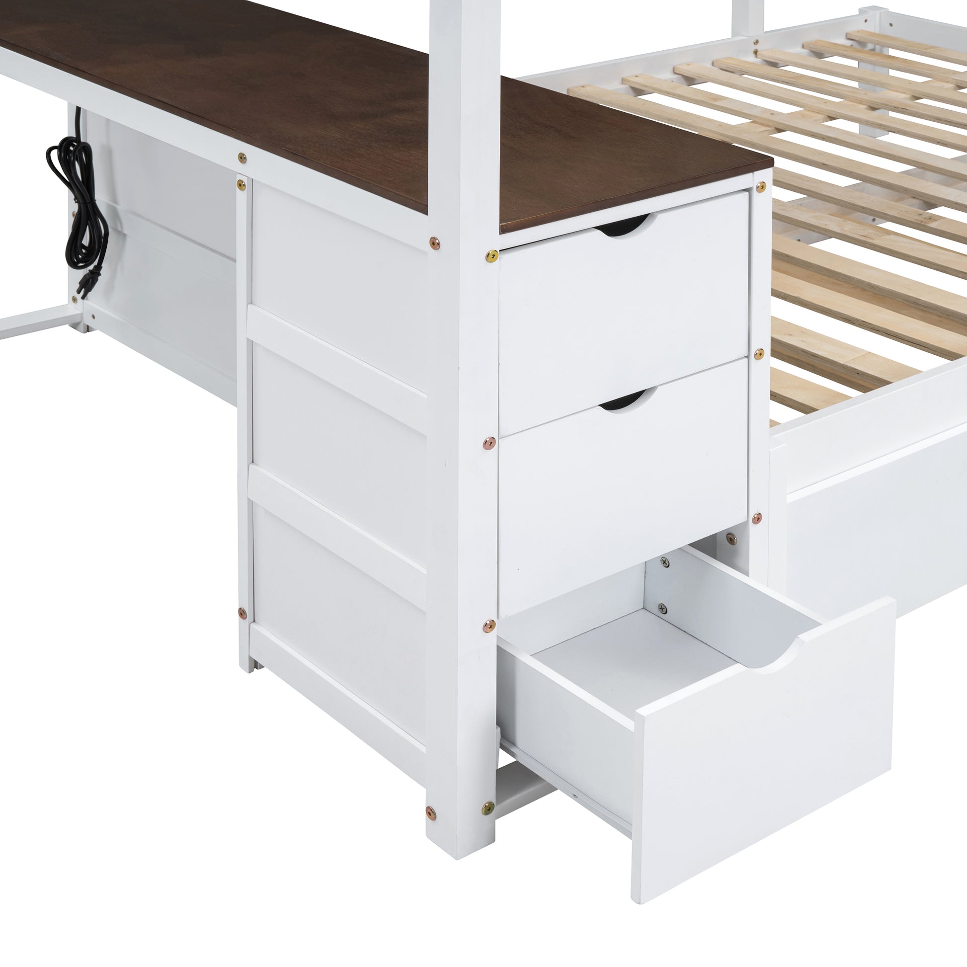 Full Over Full Bunk Bed With Twin Size Trundle, Storage And Desk, White Walnut White Walnut Solid Wood