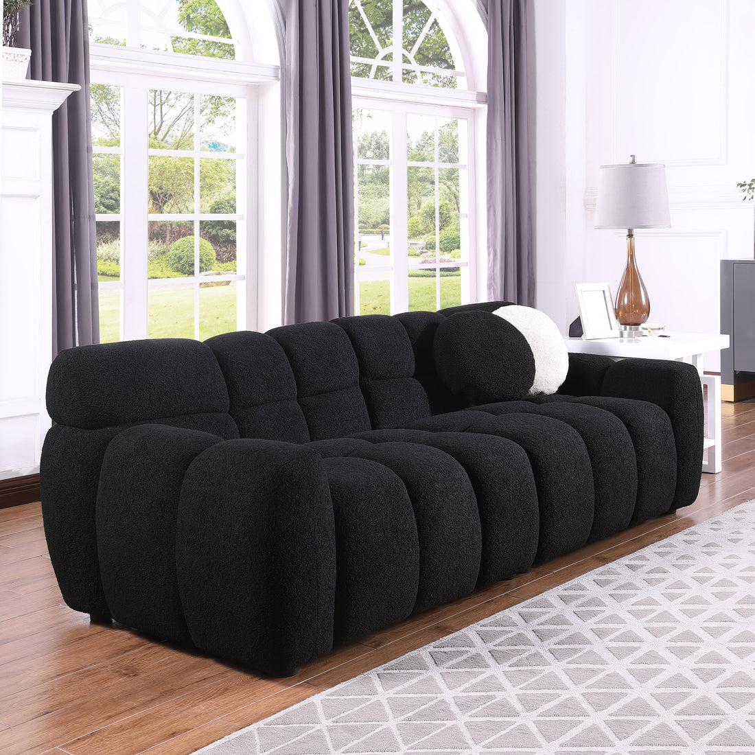 87.4 Length ,35.83" Deepth ,Human Body Structure For Usa People, Marshmallow Sofa,Boucle Sofa ,3 Seater, Black Boucle Black Light Brown Wood Primary Living Space Medium Soft Split Back Eucalyptus Rolled Arms Boucle 3 Seat