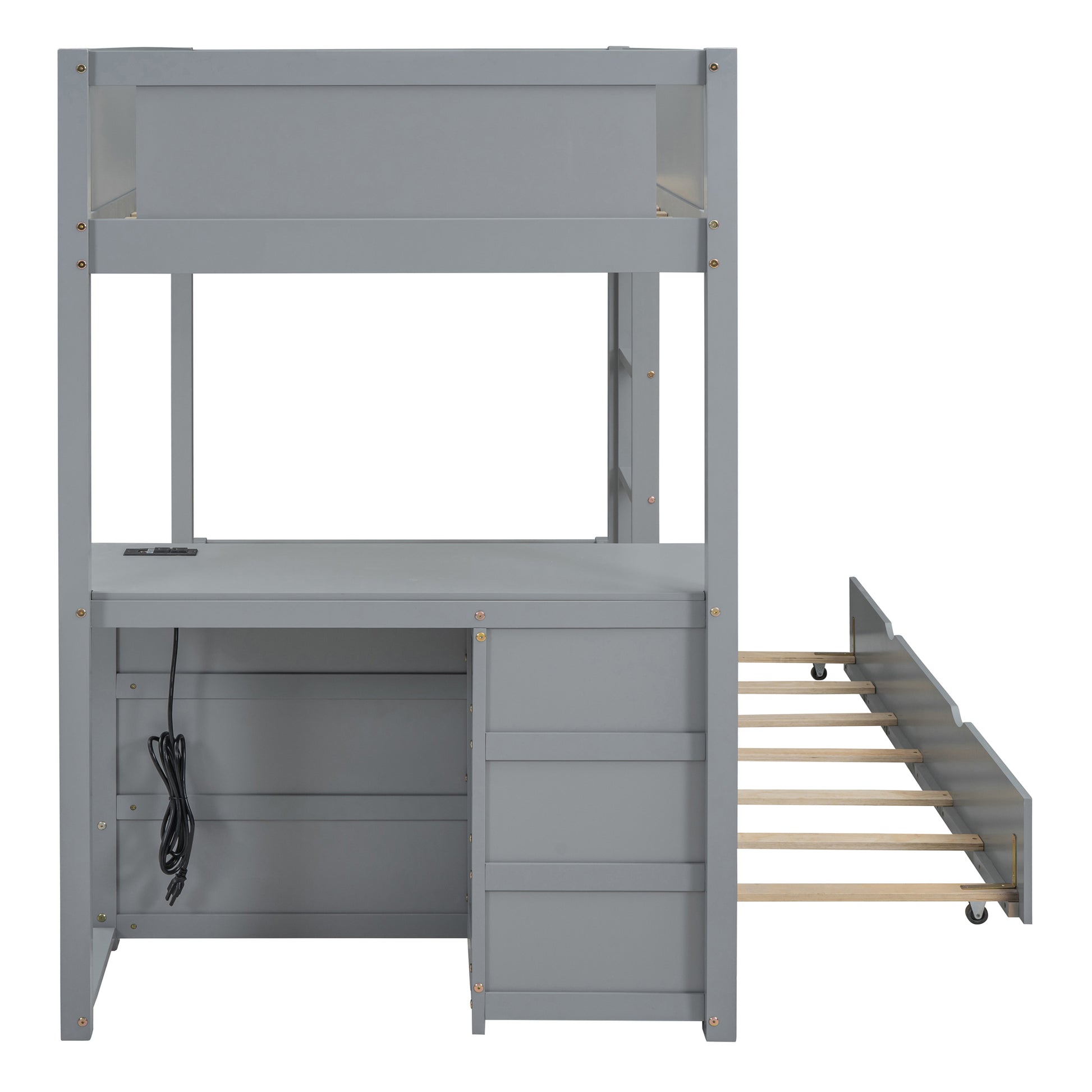 Twin Over Twin Bunk Bed With Twin Size Trundle, Storage And Desk, Gray Gray Solid Wood