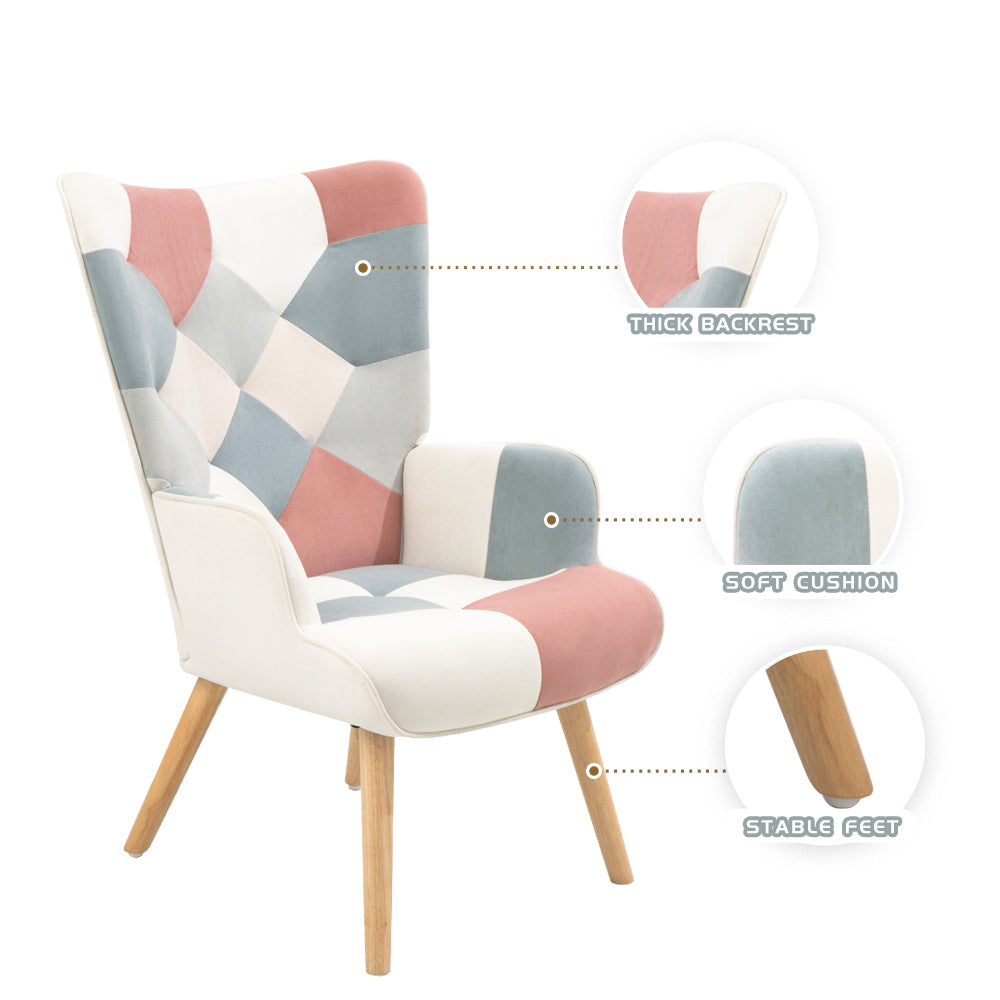 Accent Chair With Ottoman, Living Room Chair And Ottoman Set, Comfy Side Armchair For Bedroom, Creative Splicing Cloth Surface Pink Solid Wood