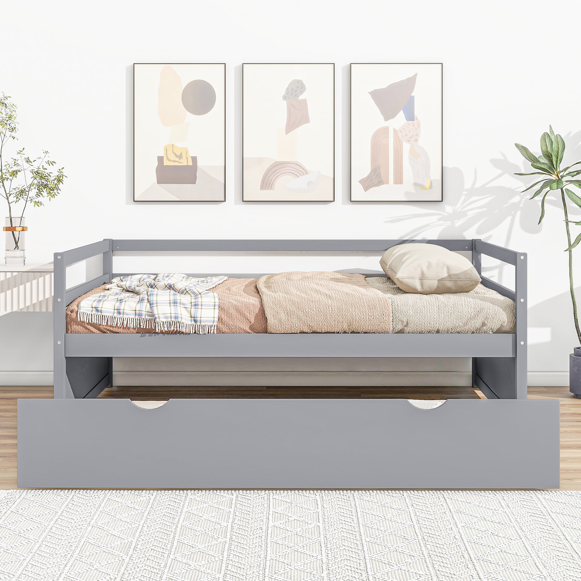 Twin Size Wood Daybed With Twin Size Trundle, Gray Box Spring Not Required Twin Gray Wood Solid Wood Mdf