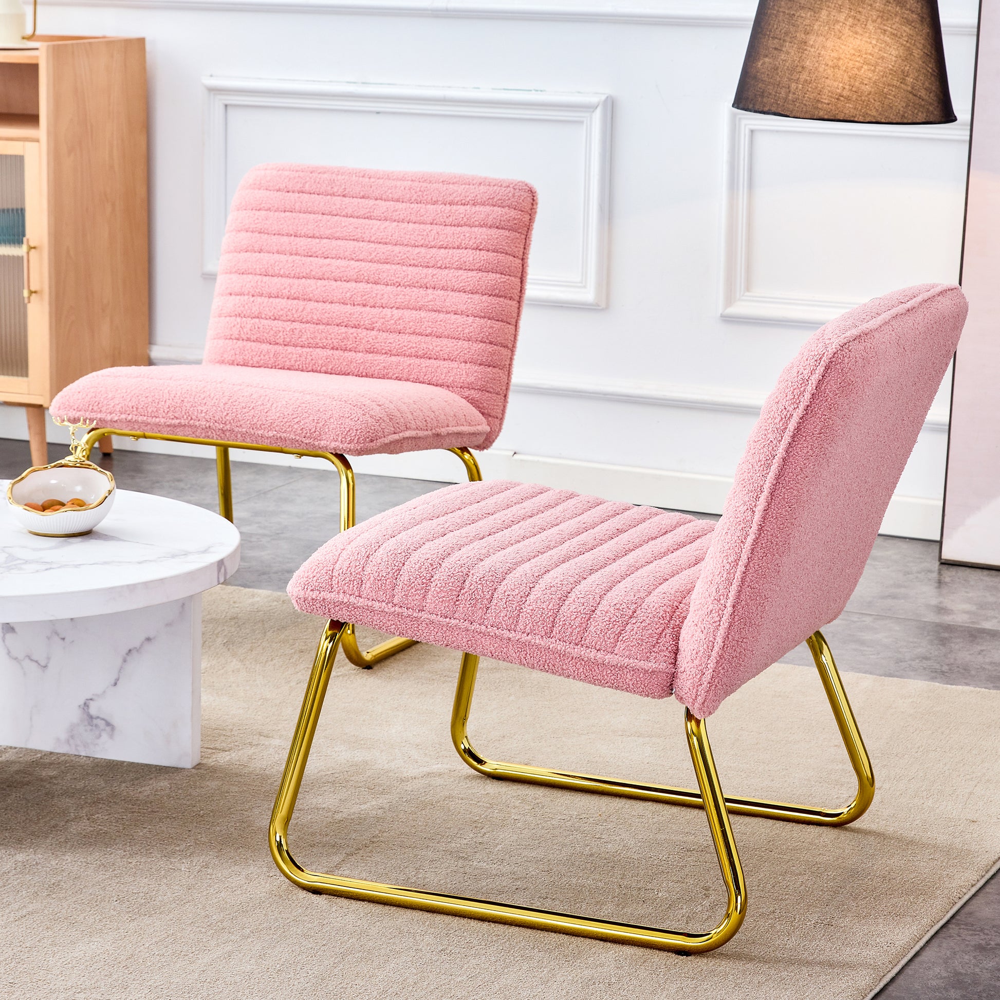 Modern Minimalist Pink Plush Fabric Single Person Sofa Chair With Golden Metal Legs. Suitable For Living Room, Bedroom, Club, Comfortable Cushioned Single Person Leisure Sofa Pink Plush