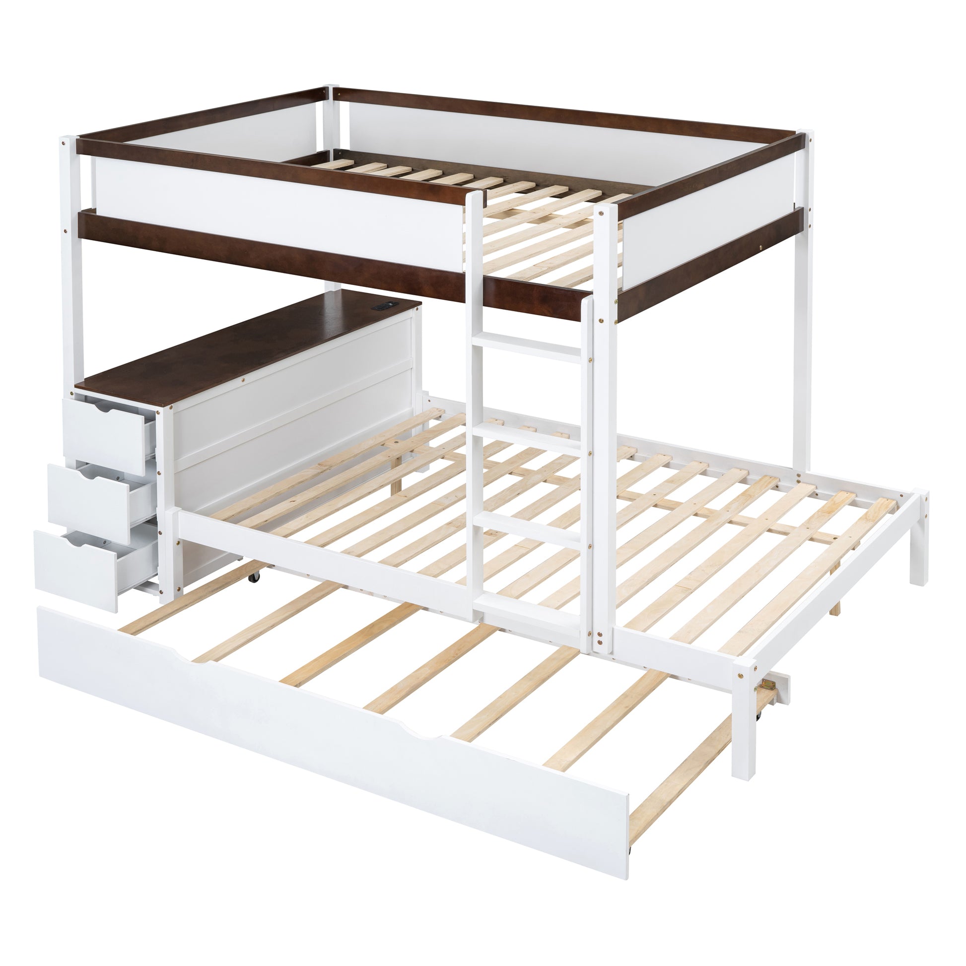 Full Over Full Bunk Bed With Twin Size Trundle, Storage And Desk, White Walnut White Walnut Solid Wood