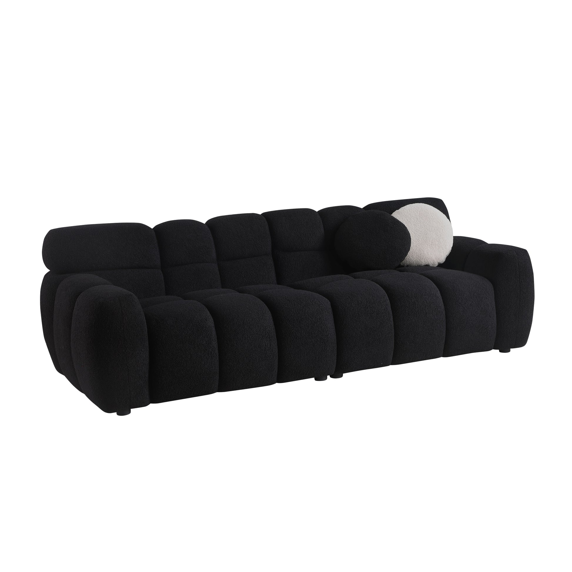 87.4 Length ,35.83" Deepth ,Human Body Structure For Usa People, Marshmallow Sofa,Boucle Sofa ,3 Seater, Black Boucle Black Light Brown Wood Primary Living Space Medium Soft Split Back Eucalyptus Rolled Arms Boucle 3 Seat