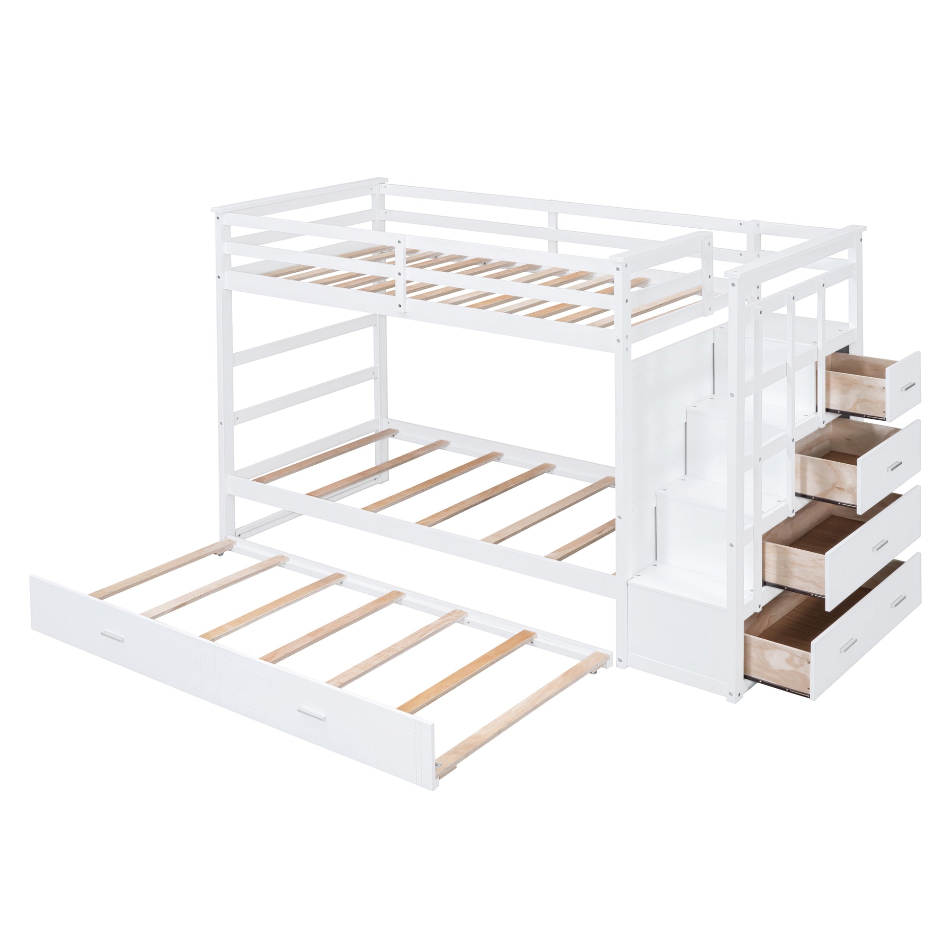 Twin Over Twin Bunk Bed With Trundle And Staircase,White Old Sku:Lt000068Aak White Solid Wood