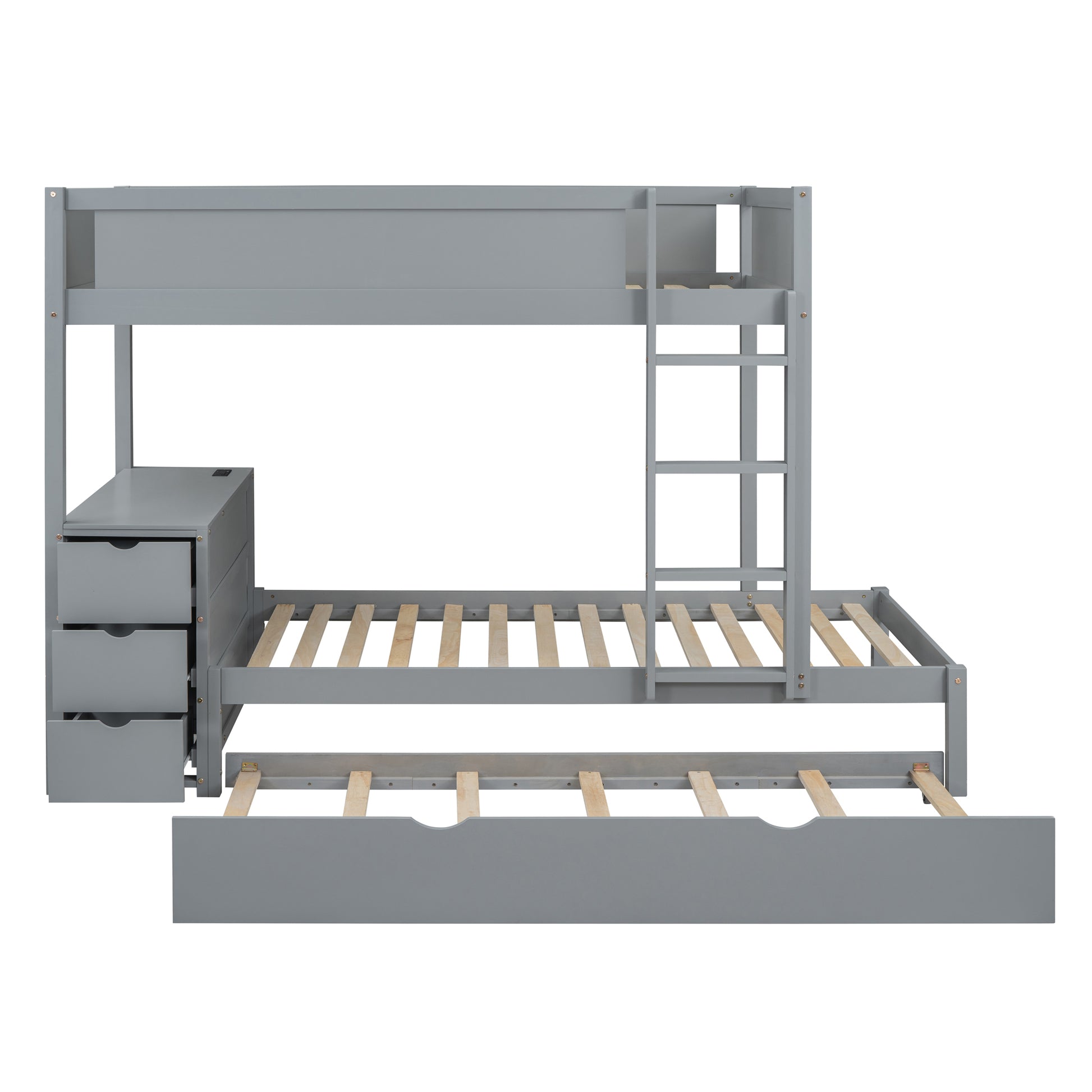 Twin Over Twin Bunk Bed With Twin Size Trundle, Storage And Desk, Gray Gray Solid Wood