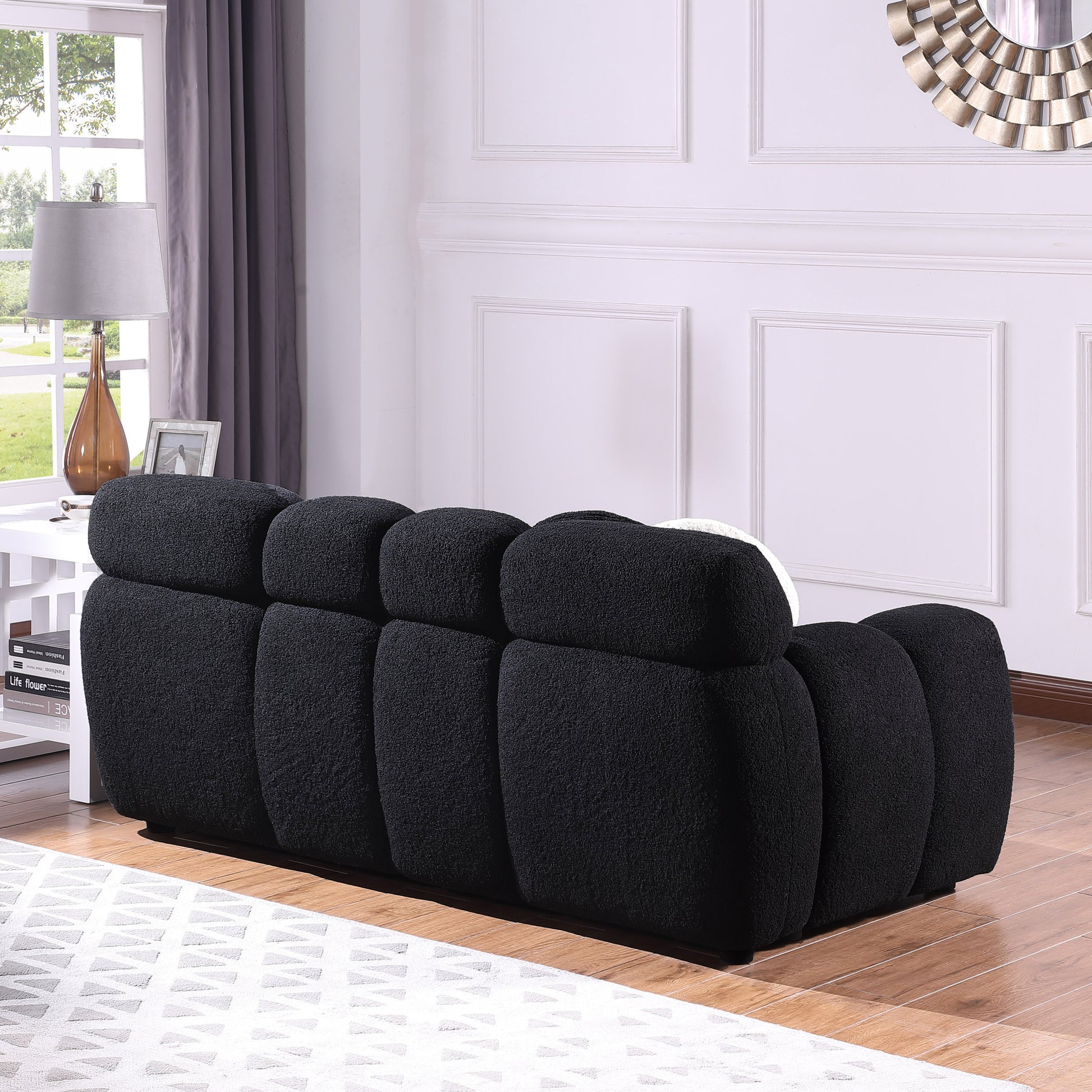 64.96 Length ,35.83" Deepth ,Human Body Structure For Usa People, Marshmallow Sofa,Boucle Sofa ,2 Seater, Beige Boucle Black Light Brown Wood Primary Living Space Medium Soft Split Back Eucalyptus Rolled Arms Boucle 3 Seat