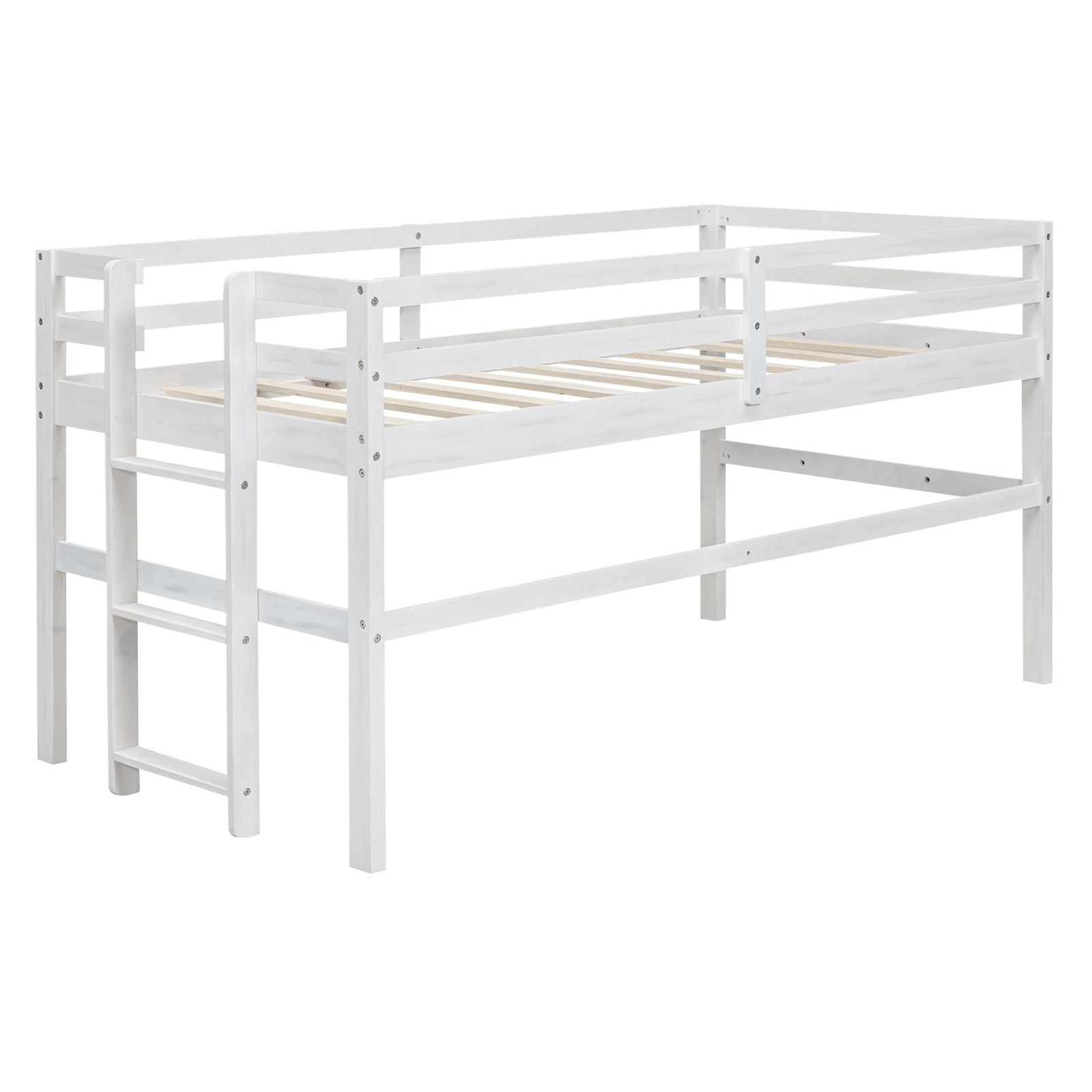 Wood Twin Size Loft Bed With Side Ladder, Antique White Box Spring Not Required Twin Antique White Wood Bedroom Solid Wood Mdf