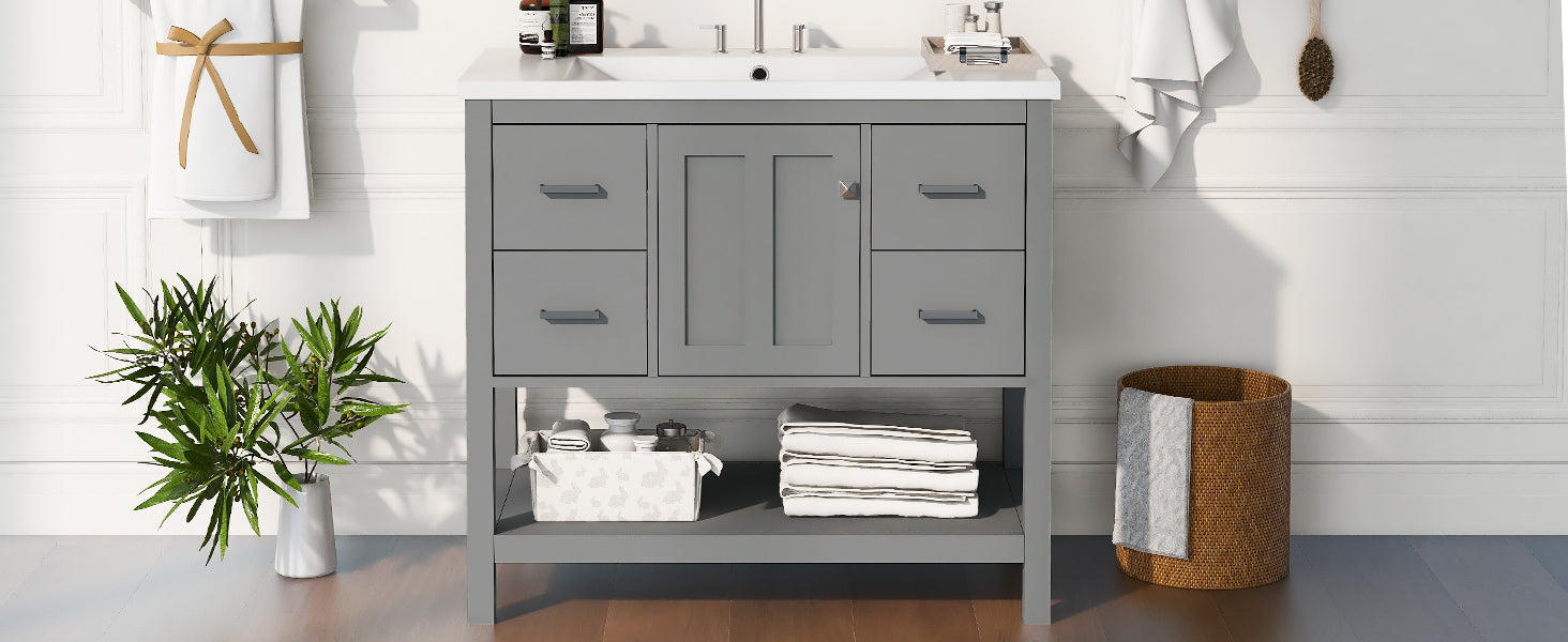 36" Gray Modern Bathroom Vanity With Usb,Two Shallow Drawers, One Deep Drawer,One Door,Single Resin Sink,Small Bathroom Organization Cabinet Gray Solid Wood Mdf Resin