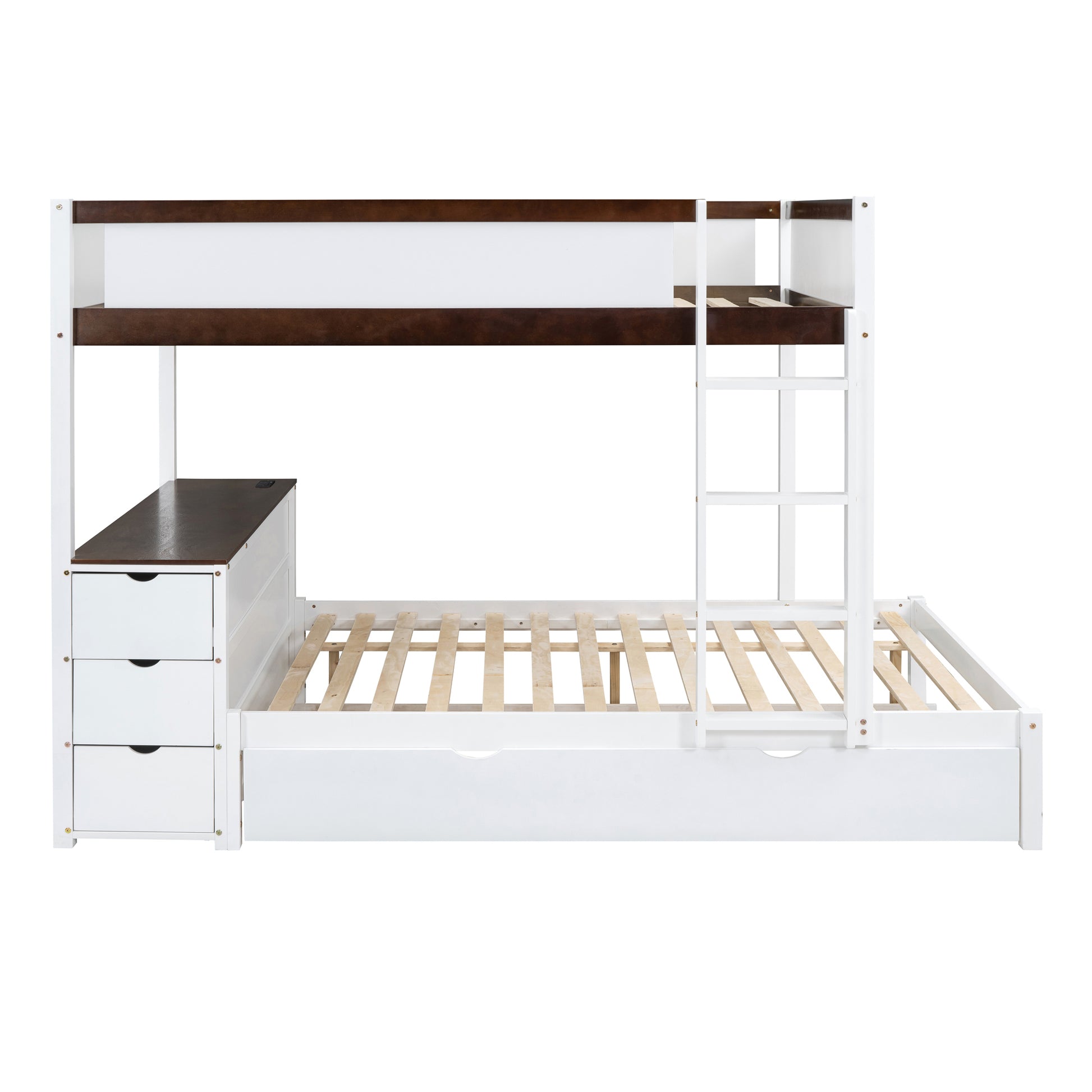 Full Over Full Bunk Bed With Twin Size Trundle, Storage And Desk, White Walnut White Walnut Solid Wood