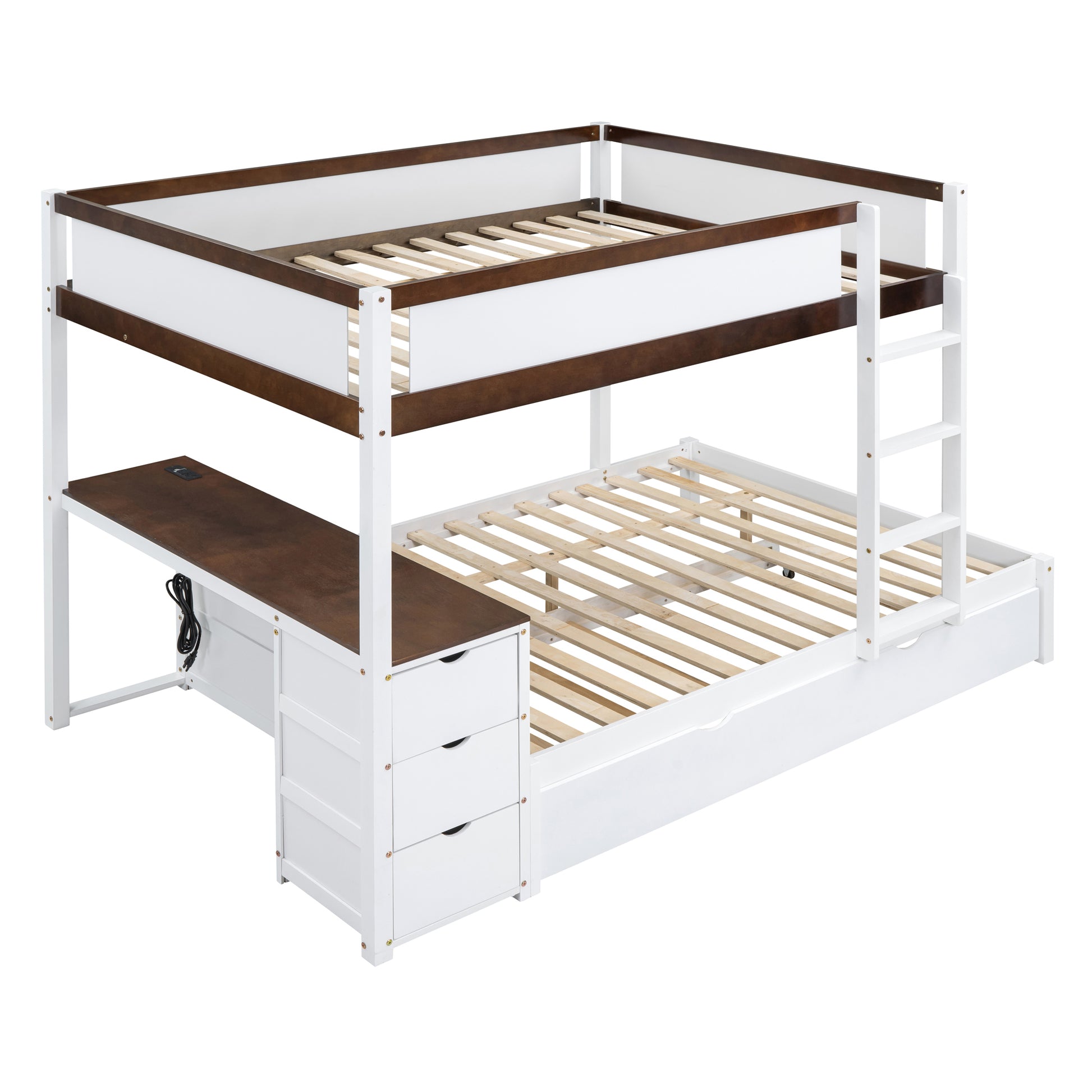 Full Over Full Bunk Bed With Twin Size Trundle, Storage And Desk, White Walnut White Walnut Solid Wood