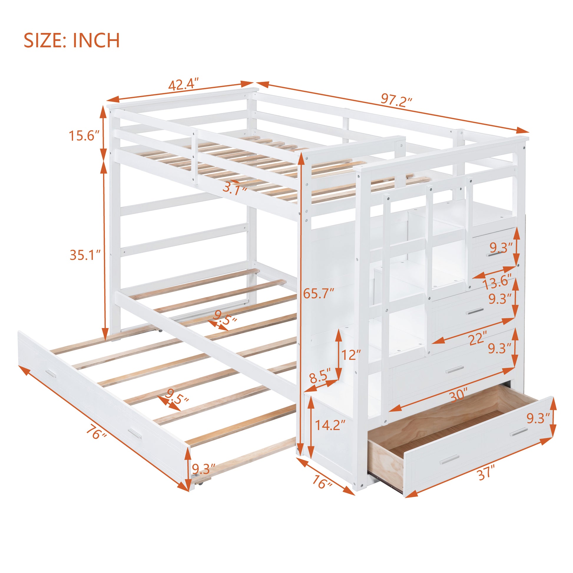 Twin Over Twin Bunk Bed With Trundle And Staircase,White Old Sku:Lt000068Aak White Solid Wood