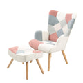 Accent Chair With Ottoman, Living Room Chair And Ottoman Set, Comfy Side Armchair For Bedroom, Creative Splicing Cloth Surface Pink Solid Wood