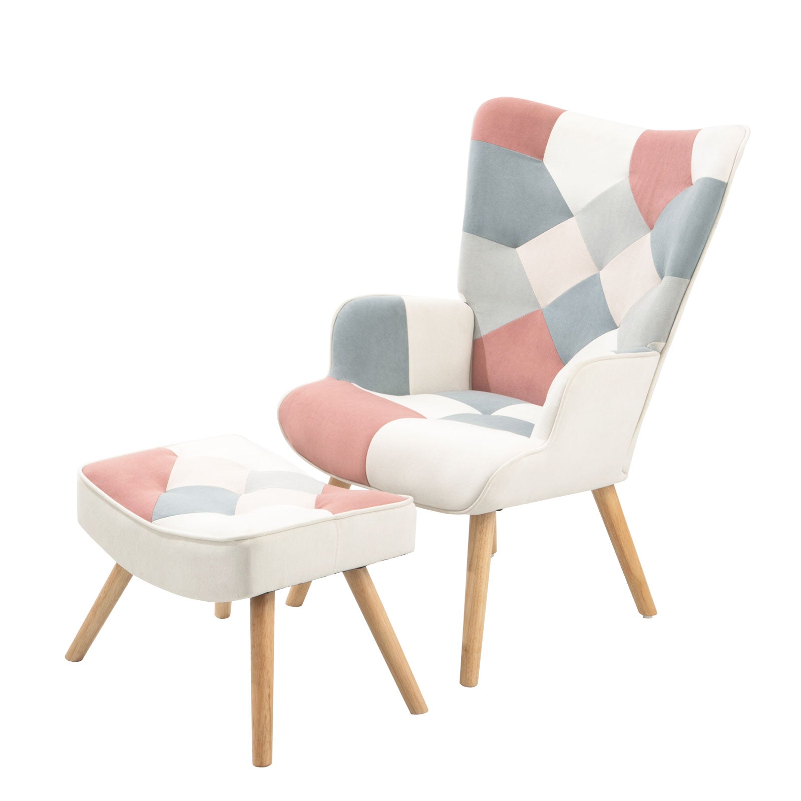 Accent Chair With Ottoman, Living Room Chair And Ottoman Set, Comfy Side Armchair For Bedroom, Creative Splicing Cloth Surface Pink Solid Wood