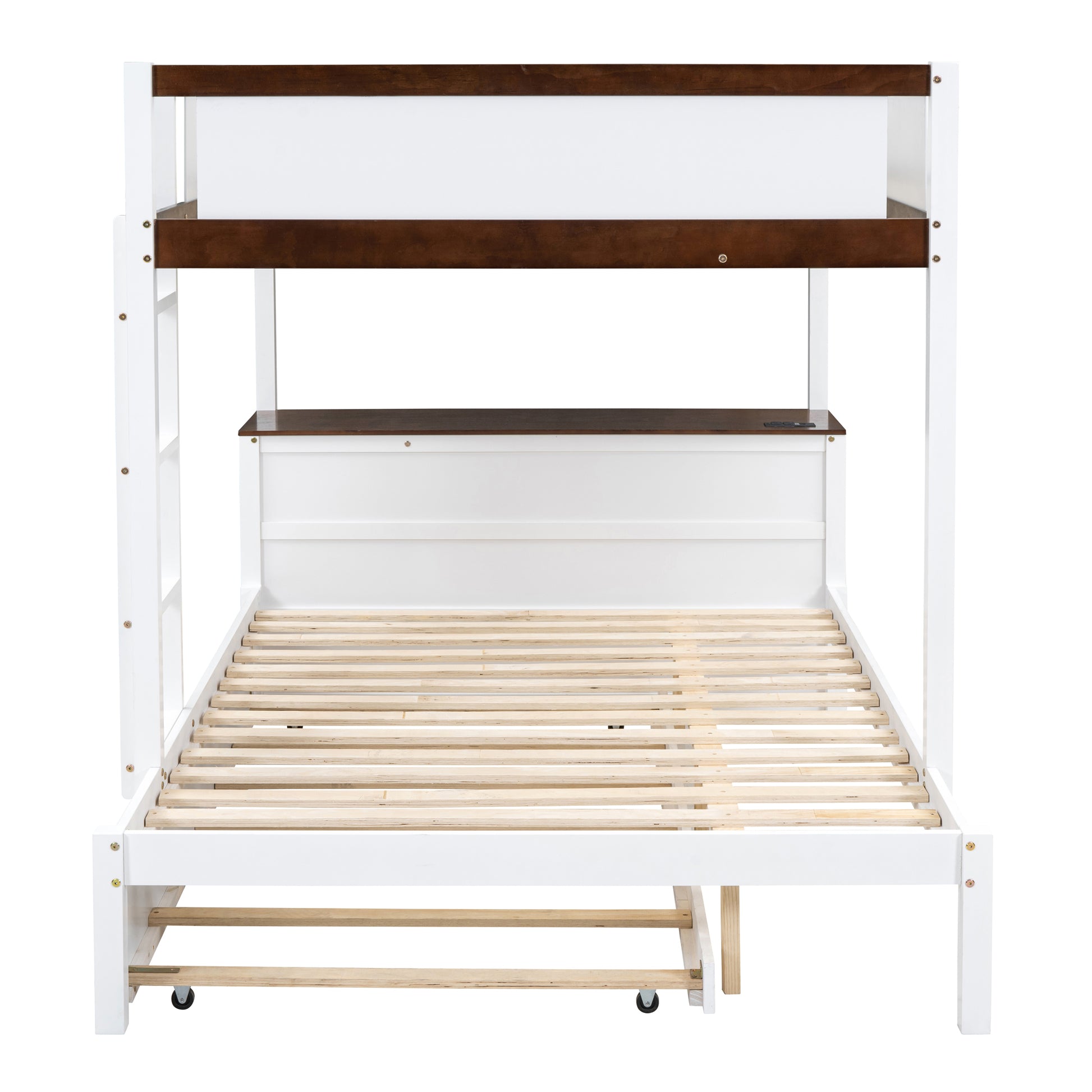 Full Over Full Bunk Bed With Twin Size Trundle, Storage And Desk, White Walnut White Walnut Solid Wood