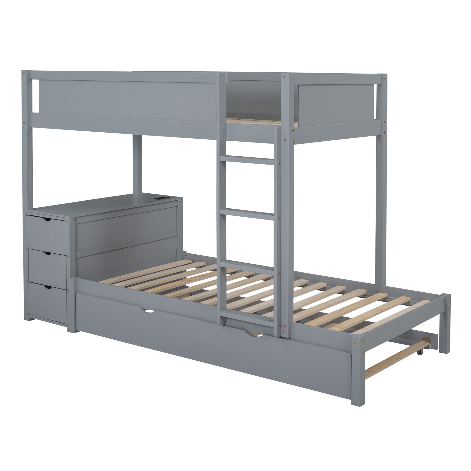 Twin Over Twin Bunk Bed With Twin Size Trundle, Storage And Desk, Gray Gray Solid Wood