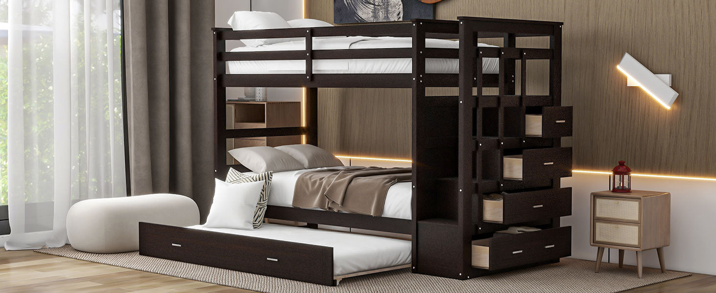 Twin Over Twin Bunk Bed With Trundle And Staircase,Espresso Old Sku:Lt000068Aap Espresso Solid Wood