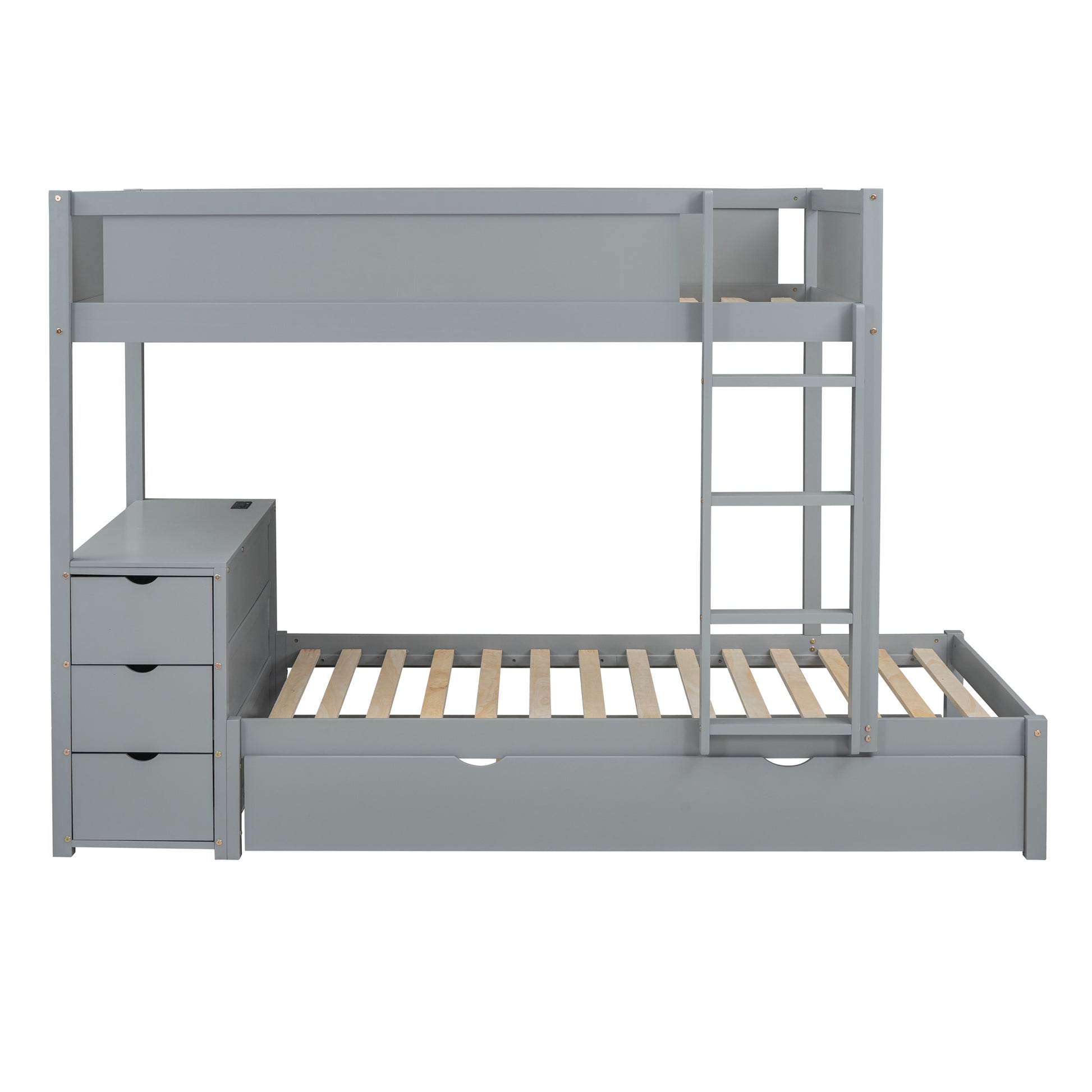 Twin Over Twin Bunk Bed With Twin Size Trundle, Storage And Desk, Gray Gray Solid Wood