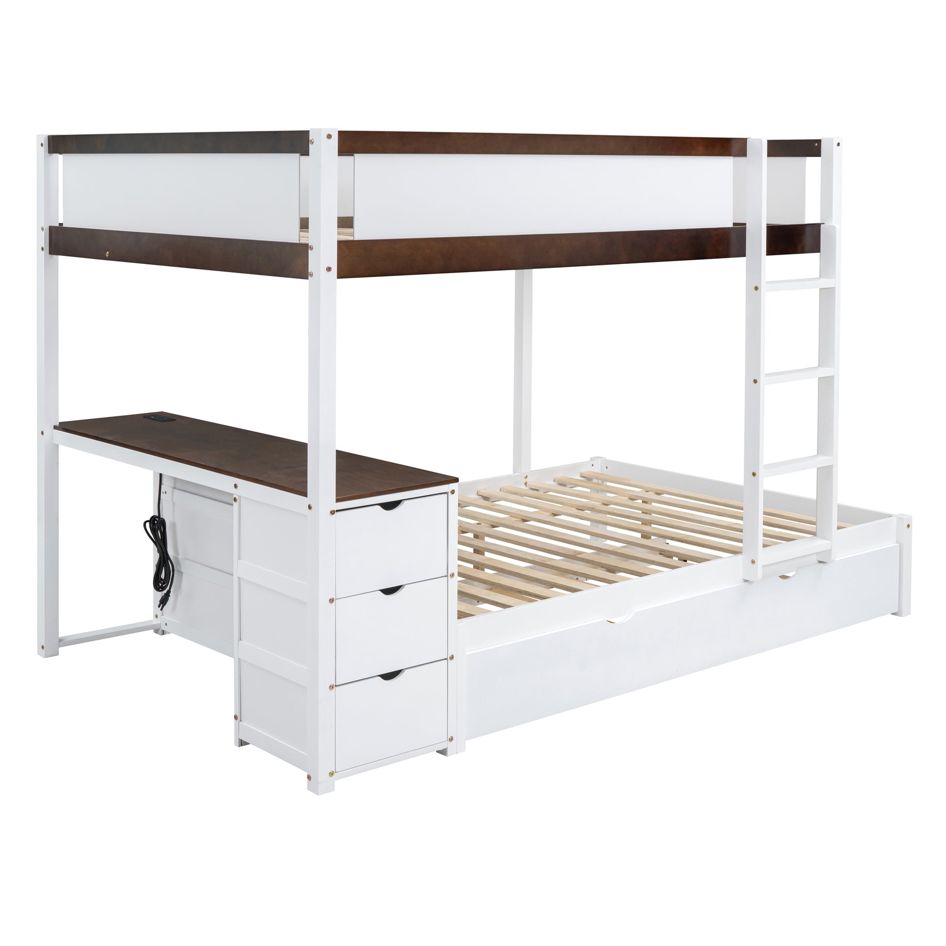 Full Over Full Bunk Bed With Twin Size Trundle, Storage And Desk, White Walnut White Walnut Solid Wood