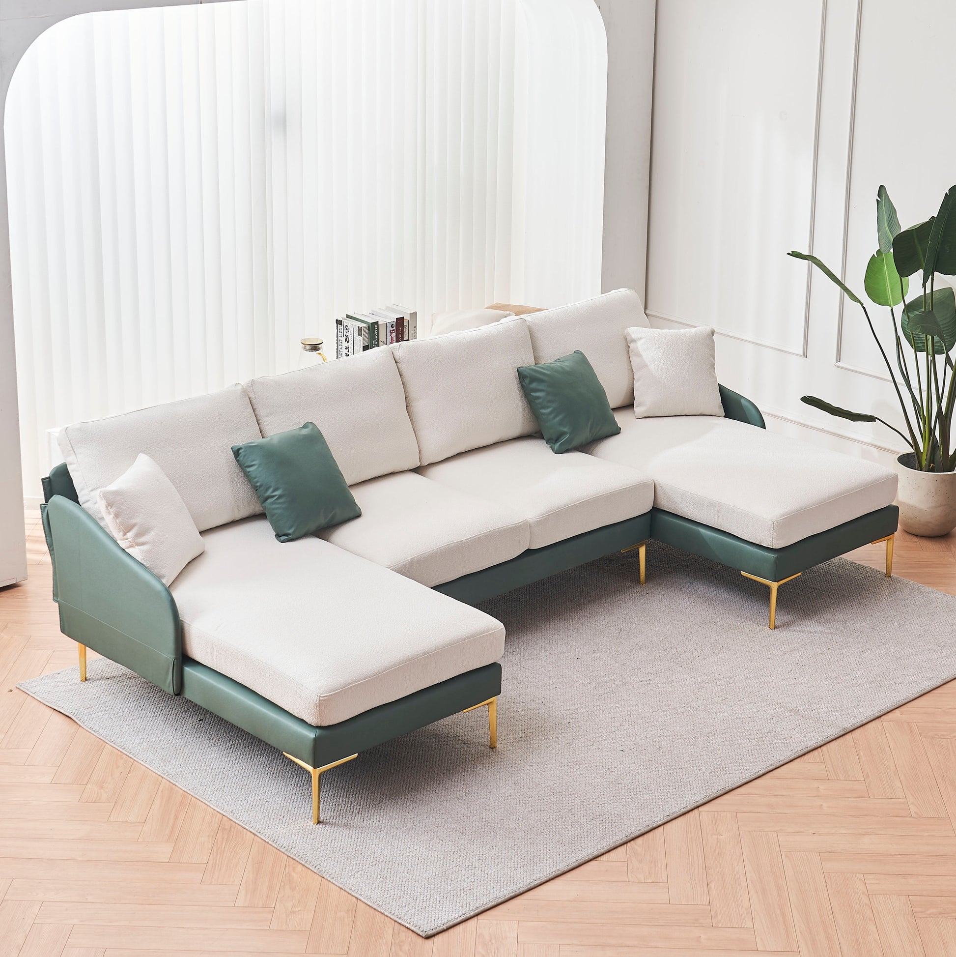 Modern Large Area Linen Leathaire Fabric Color Matching Segmented Sofa, Ultra Wide Lounge Chair, Golden Legs, U Shaped, Cyan White Cyan Primary Living Space Wood