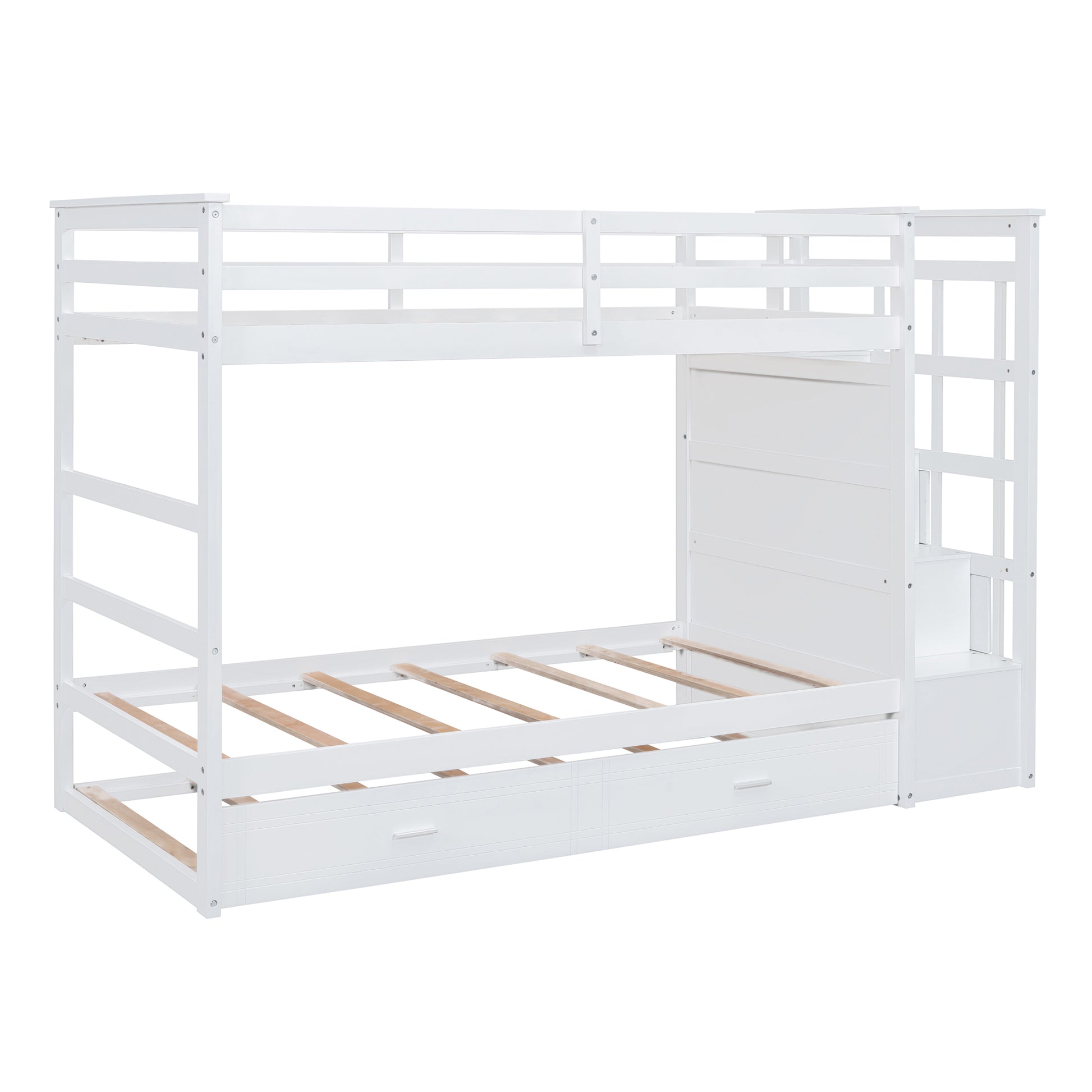 Twin Over Twin Bunk Bed With Trundle And Staircase,White Old Sku:Lt000068Aak White Solid Wood