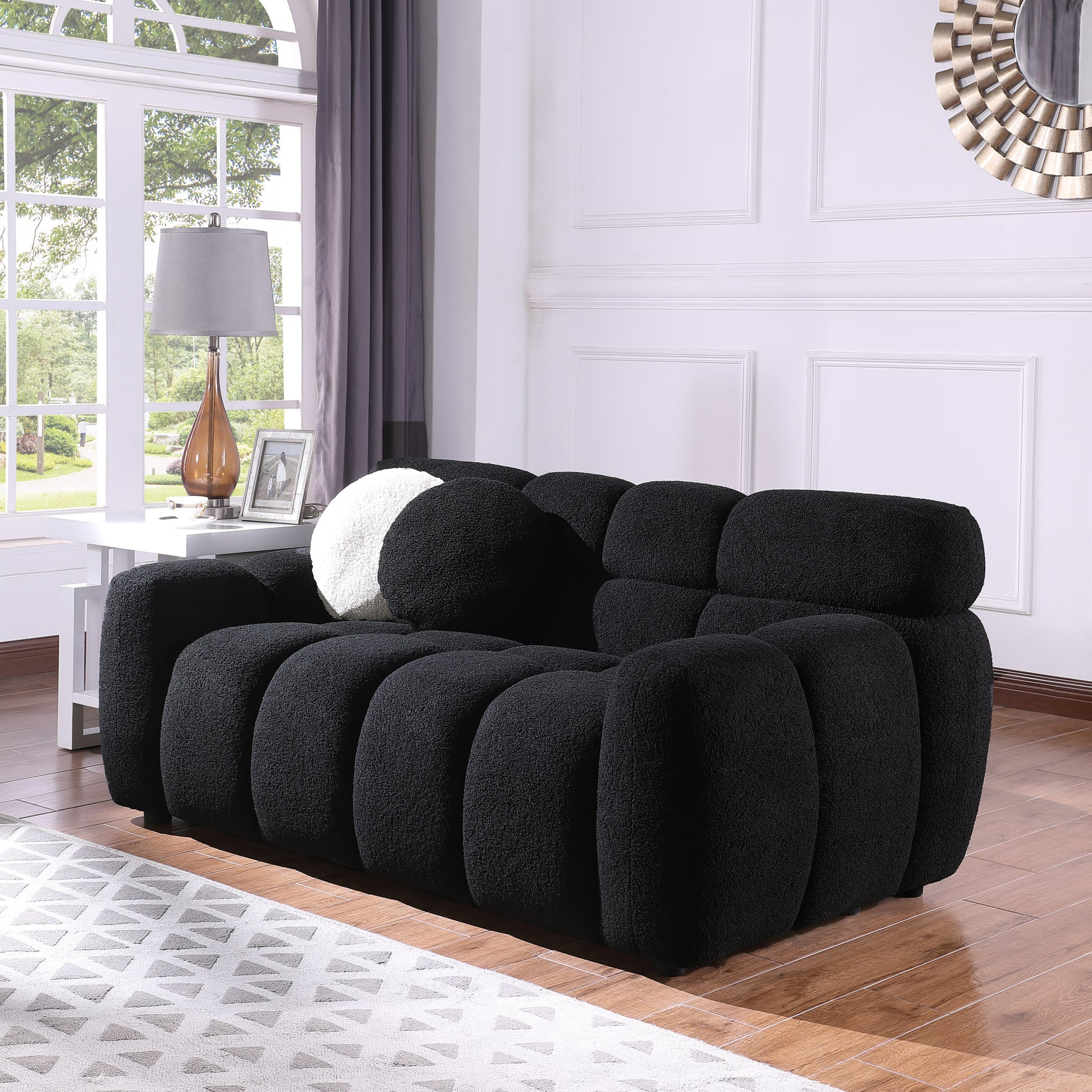 64.96 Length ,35.83" Deepth ,Human Body Structure For Usa People, Marshmallow Sofa,Boucle Sofa ,2 Seater, Beige Boucle Black Light Brown Wood Primary Living Space Medium Soft Split Back Eucalyptus Rolled Arms Boucle 3 Seat