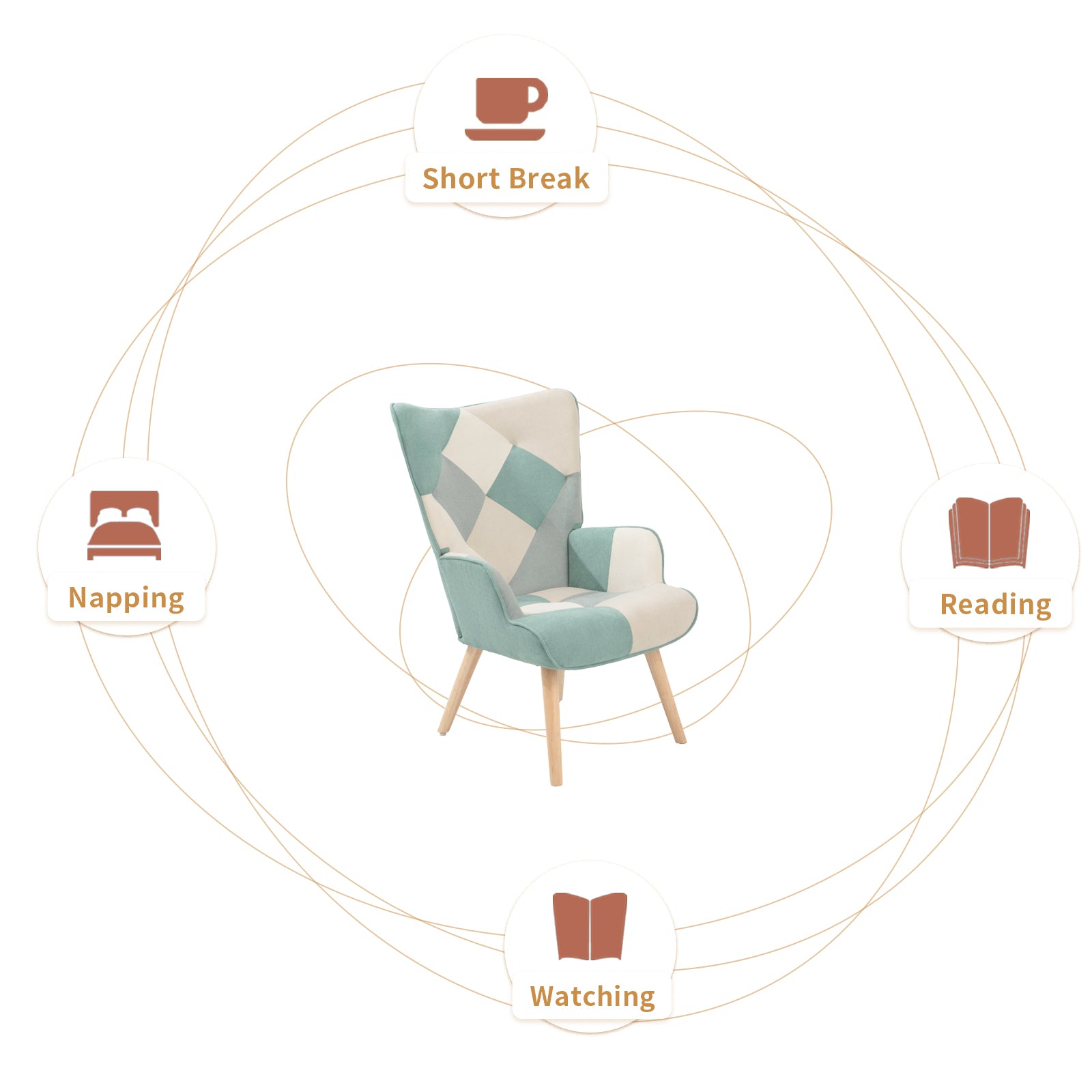 Accent Chair With Ottoman, Living Room Chair And Ottoman Set, Comfy Side Armchair For Bedroom, Creative Splicing Cloth Surface Blue Solid Wood