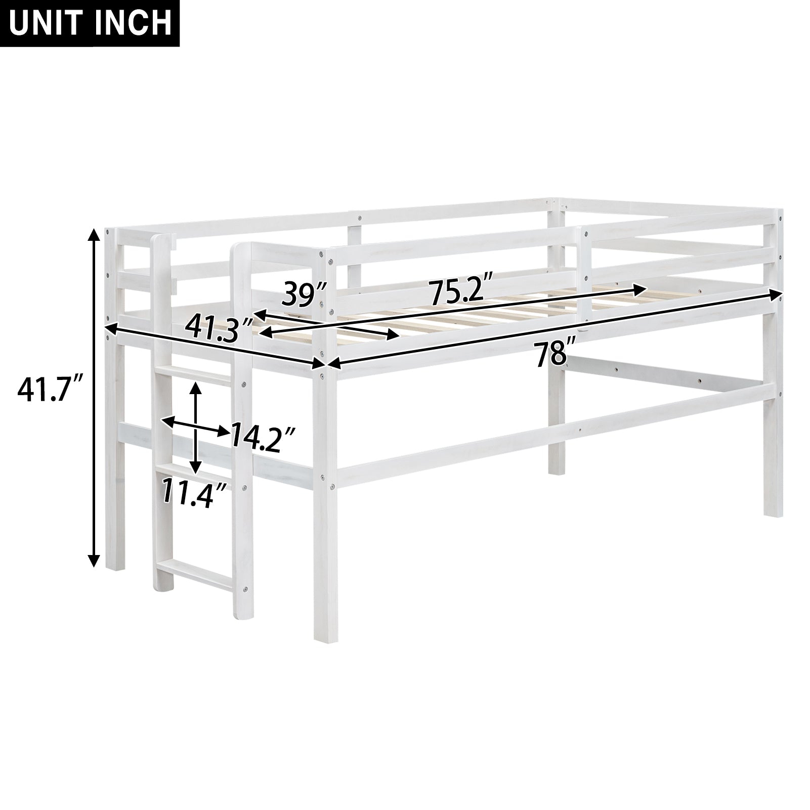 Wood Twin Size Loft Bed With Side Ladder, Antique White Box Spring Not Required Twin Antique White Wood Bedroom Solid Wood Mdf