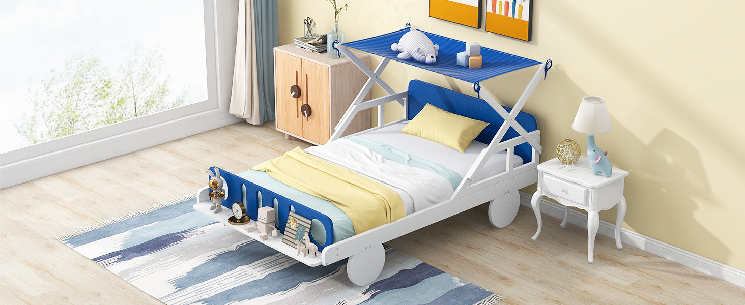 Wood Twin Size Car Bed With Ceiling Cloth, Headboard And Footboard, White Blue Box Spring Not Required Twin White Blue Bedroom Bed Frame Solid Wood Mdf