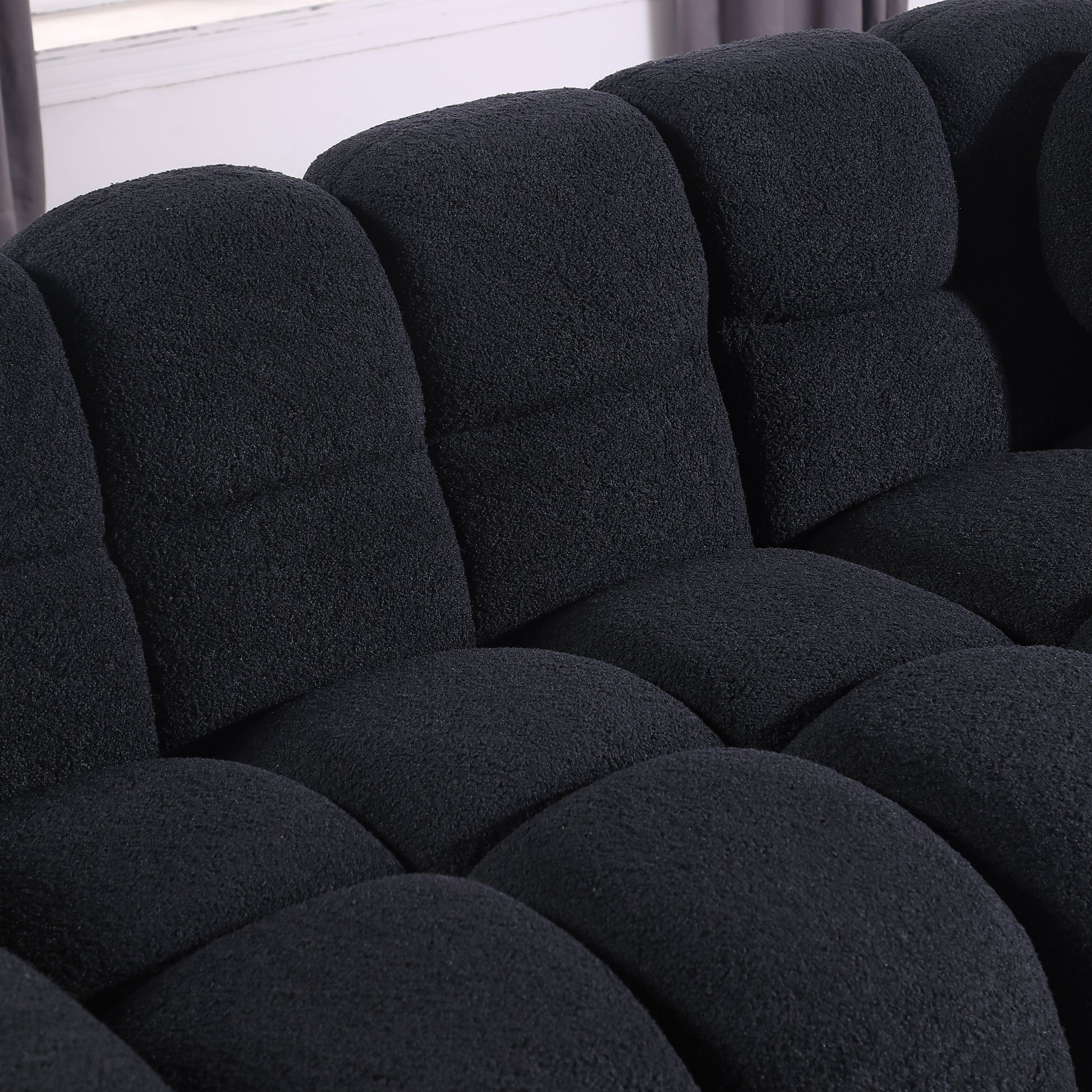 87.4 Length ,35.83" Deepth ,Human Body Structure For Usa People, Marshmallow Sofa,Boucle Sofa ,3 Seater, Black Boucle Black Light Brown Wood Primary Living Space Medium Soft Split Back Eucalyptus Rolled Arms Boucle 3 Seat