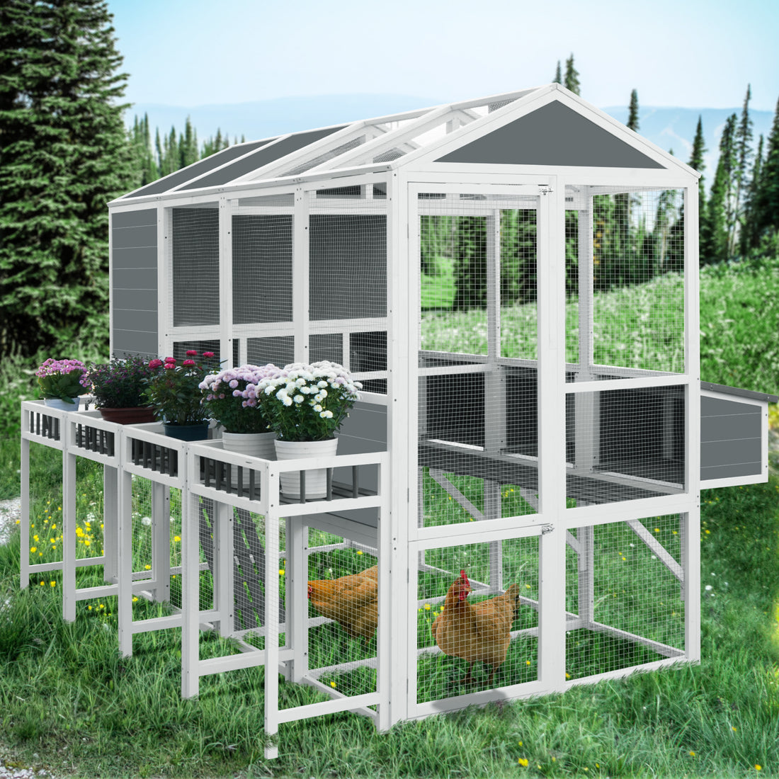 Chicken Coop With Chicken Run, Chicken Coops For 10 Chickens Outdoor With Nesting Boxeswooden Walk In Chicken House With Pull Out Traysgarden Backyard Cage 95''X80''X83'' Gray Wood