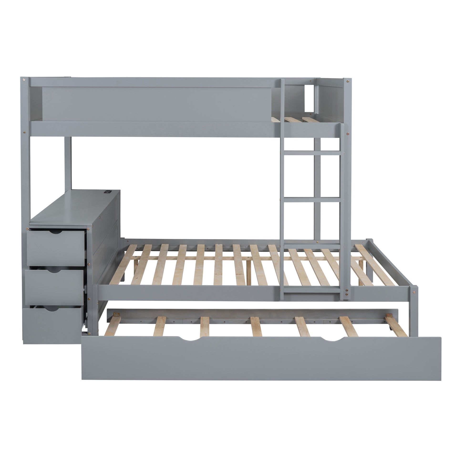 Full Over Full Bunk Bed With Twin Size Trundle, Storage And Desk, Gray Gray Solid Wood