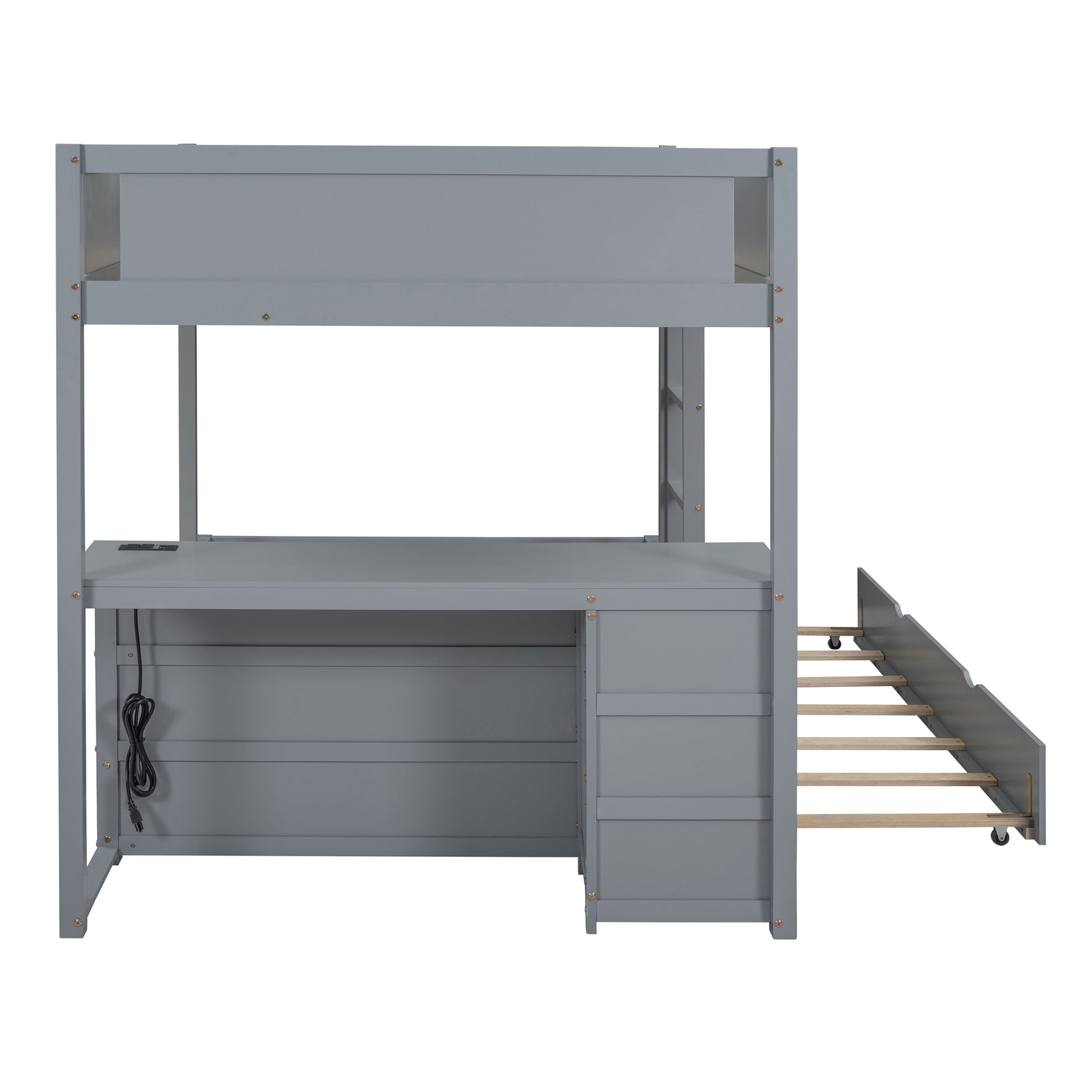 Full Over Full Bunk Bed With Twin Size Trundle, Storage And Desk, Gray Gray Solid Wood