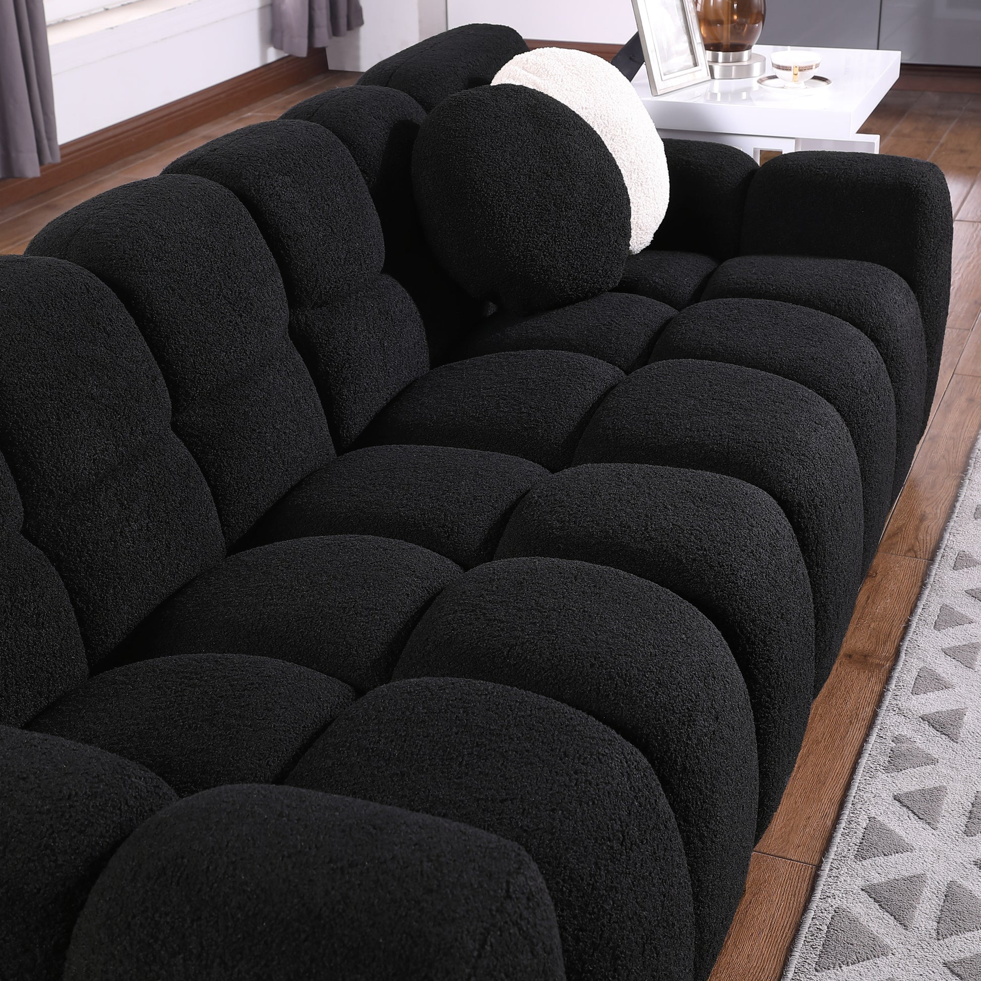 64.96 Length ,35.83" Deepth ,Human Body Structure For Usa People, Marshmallow Sofa,Boucle Sofa ,2 Seater, Beige Boucle Black Light Brown Wood Primary Living Space Medium Soft Split Back Eucalyptus Rolled Arms Boucle 3 Seat