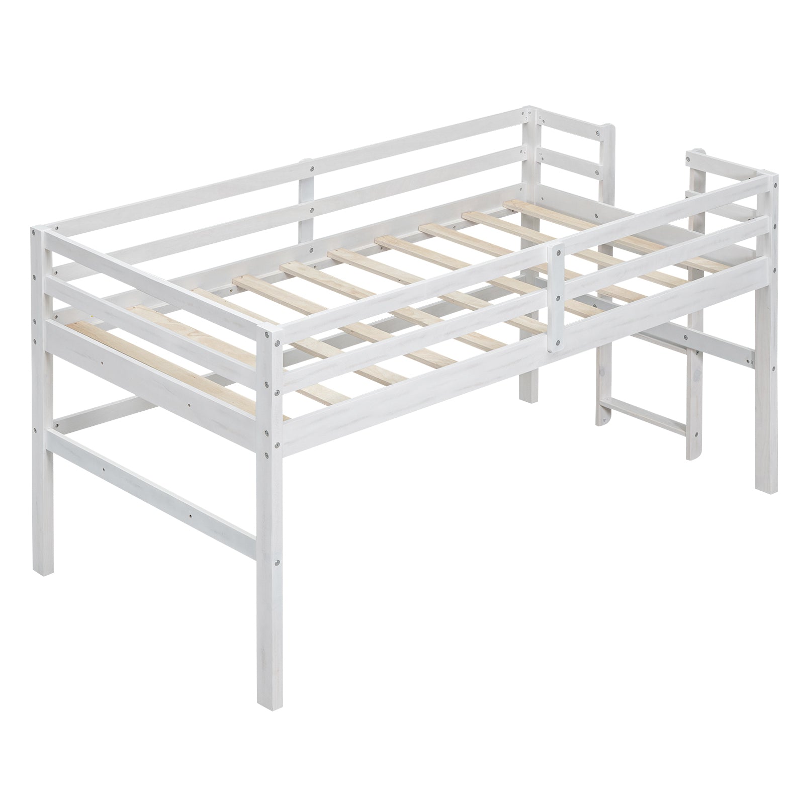 Wood Twin Size Loft Bed With Side Ladder, Antique White Box Spring Not Required Twin Antique White Wood Bedroom Solid Wood Mdf