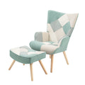 Accent Chair With Ottoman, Living Room Chair And Ottoman Set, Comfy Side Armchair For Bedroom, Creative Splicing Cloth Surface Blue Solid Wood