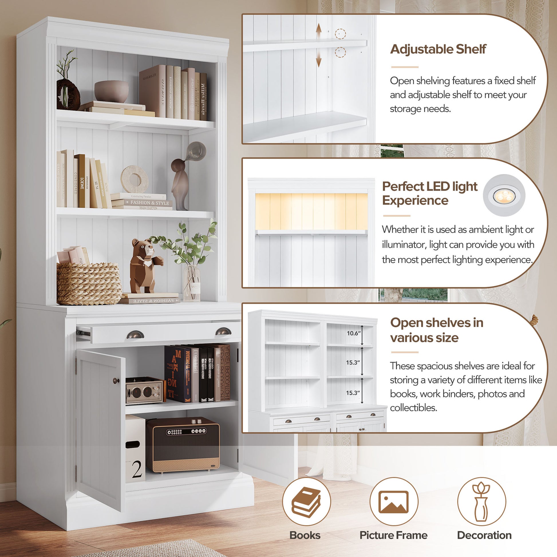 83.4"Tall 2 Bookshelf & 1 Writting Desk Suite,Modern Bookcase Suite With Led Lighting, Drawers,Doors,Study Desk And Open Shelves,3 Piece Set Storage Bookshelf For Living Room,Home Office,White White Solid Wood Mdf