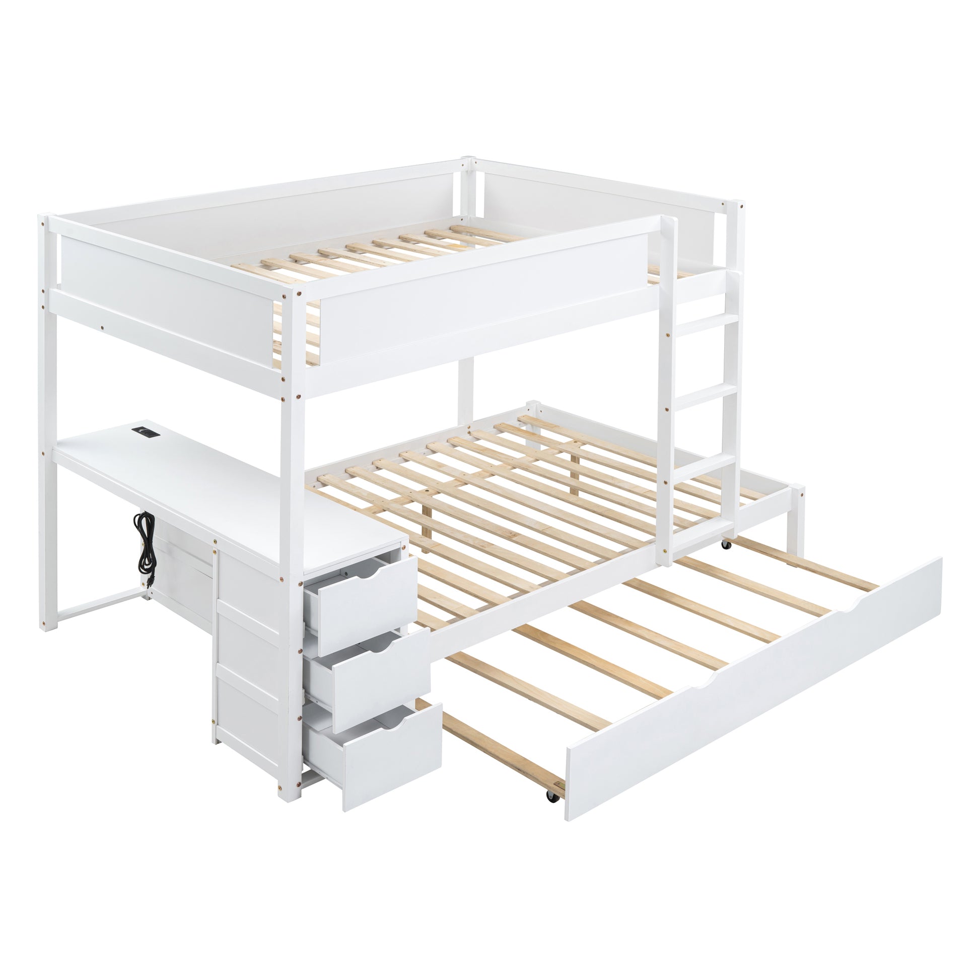 Full Over Full Bunk Bed With Twin Size Trundle, Storage And Desk, White White Solid Wood