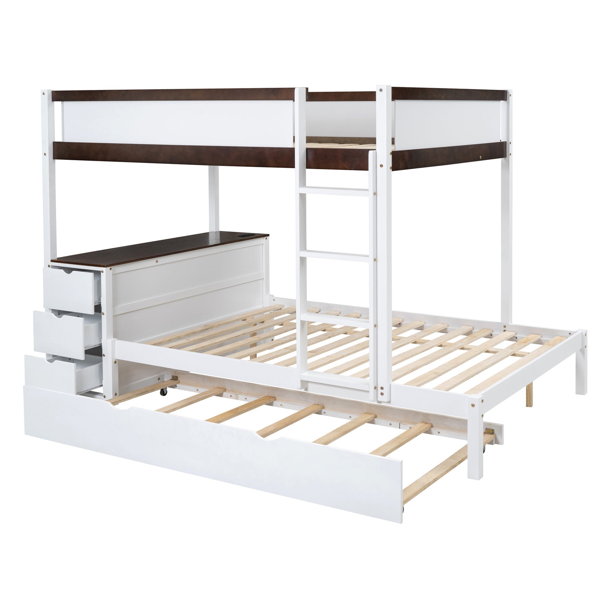 Full Over Full Bunk Bed With Twin Size Trundle, Storage And Desk, White Walnut White Walnut Solid Wood