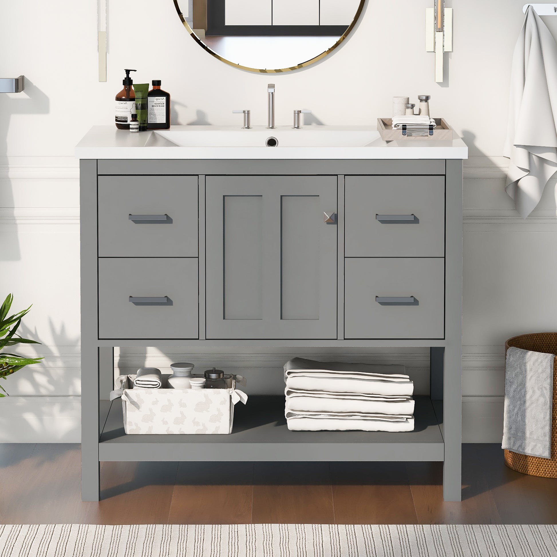 36" Gray Modern Bathroom Vanity With Usb,Two Shallow Drawers, One Deep Drawer,One Door,Single Resin Sink,Small Bathroom Organization Cabinet Gray Solid Wood Mdf Resin