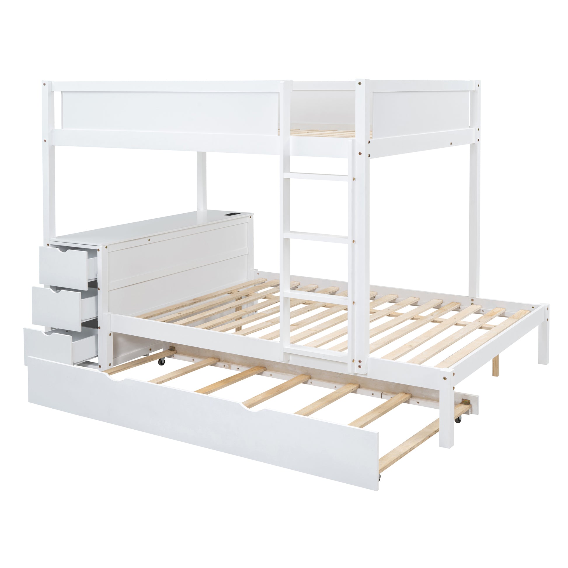 Full Over Full Bunk Bed With Twin Size Trundle, Storage And Desk, White White Solid Wood