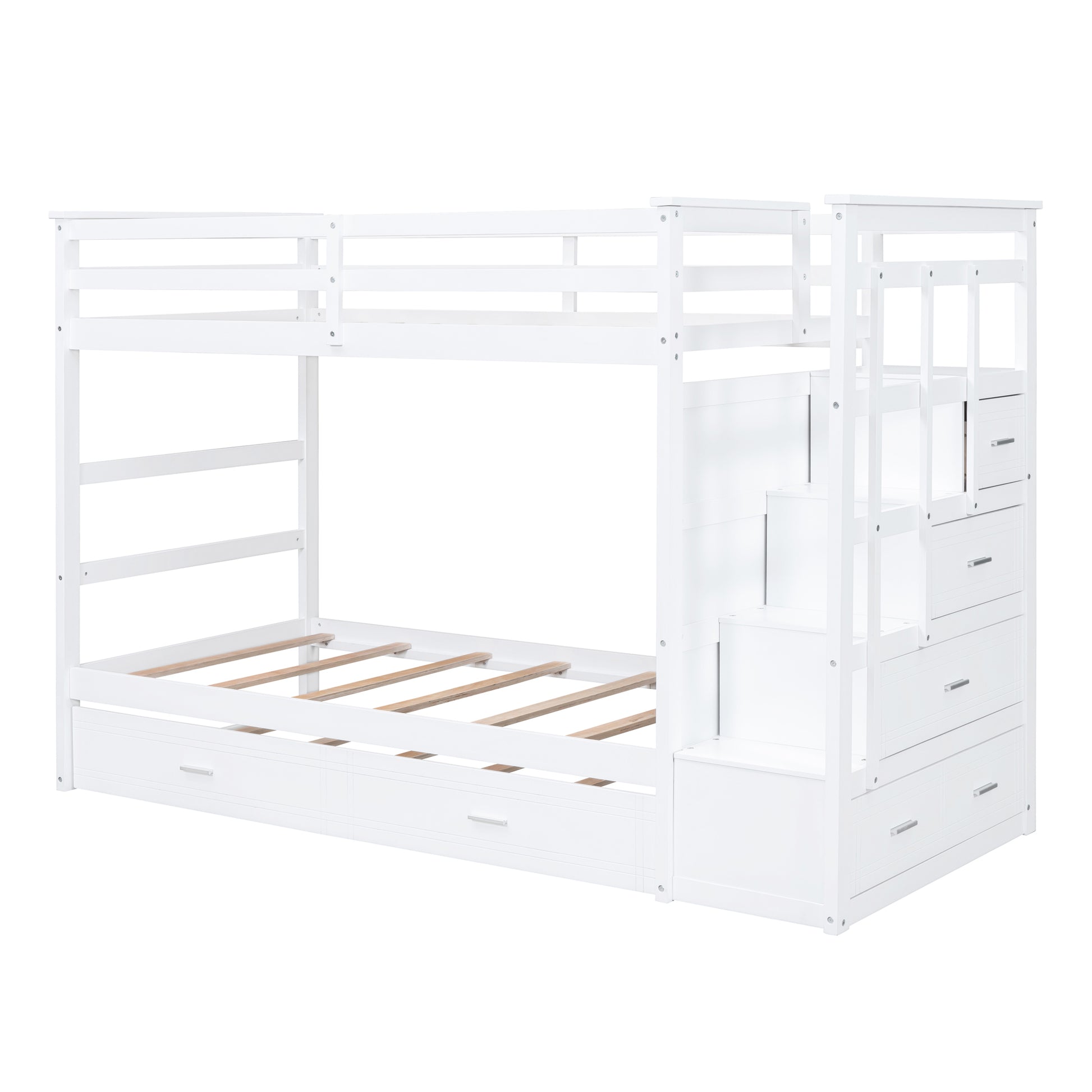 Twin Over Twin Bunk Bed With Trundle And Staircase,White Old Sku:Lt000068Aak White Solid Wood