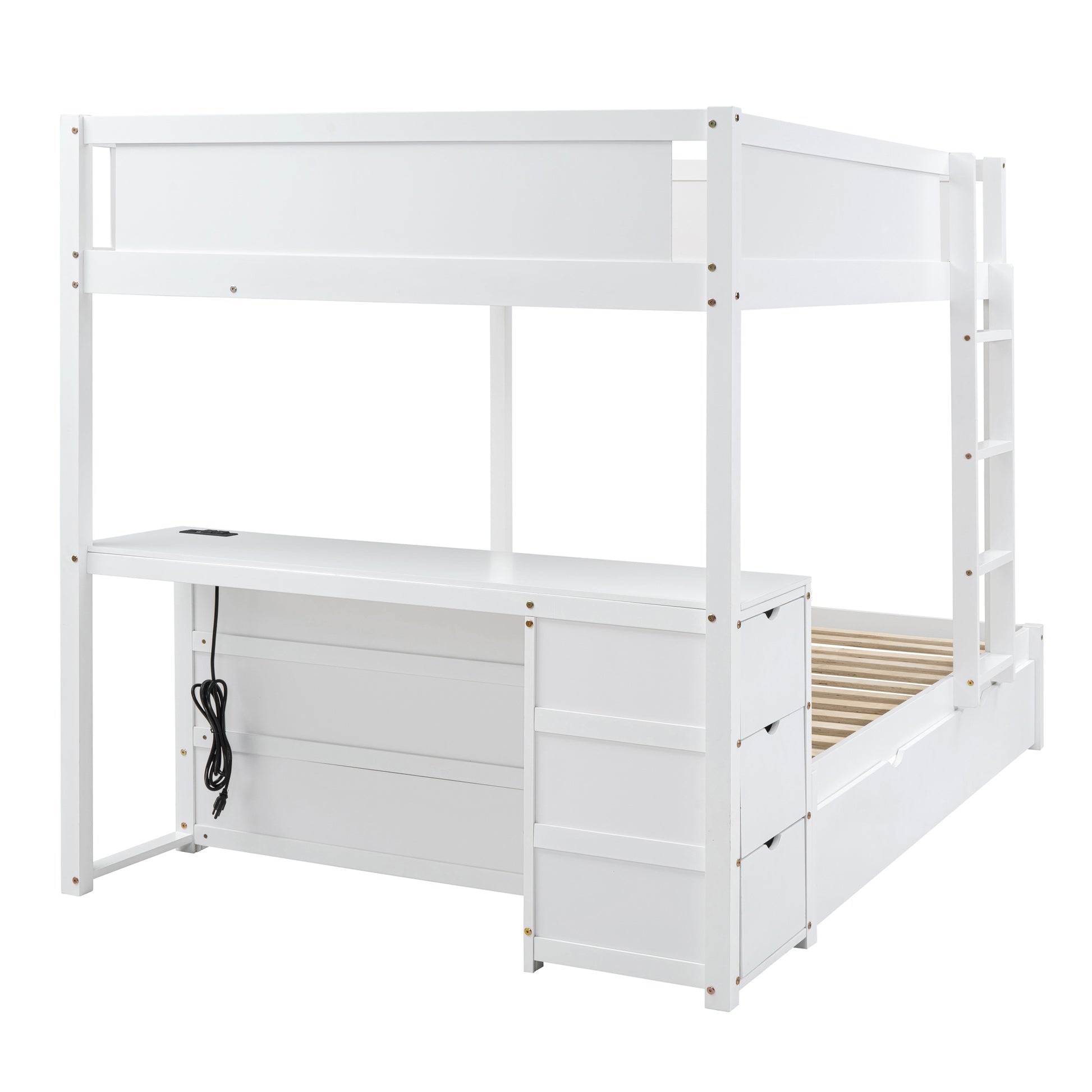 Full Over Full Bunk Bed With Twin Size Trundle, Storage And Desk, White White Solid Wood