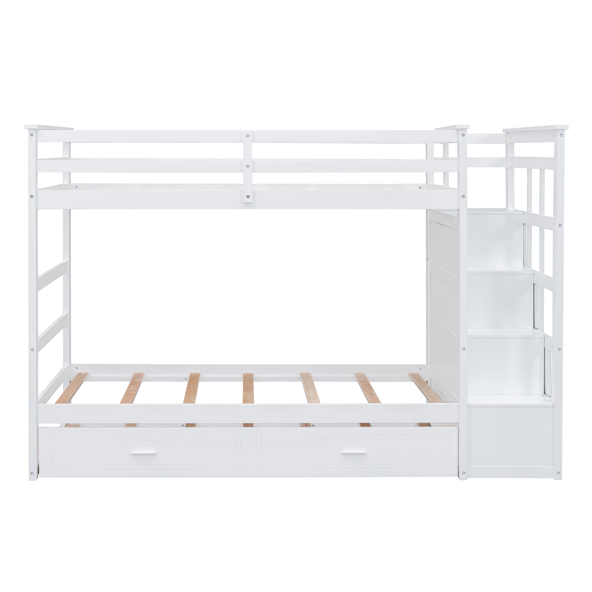 Twin Over Twin Bunk Bed With Trundle And Staircase,White Old Sku:Lt000068Aak White Solid Wood